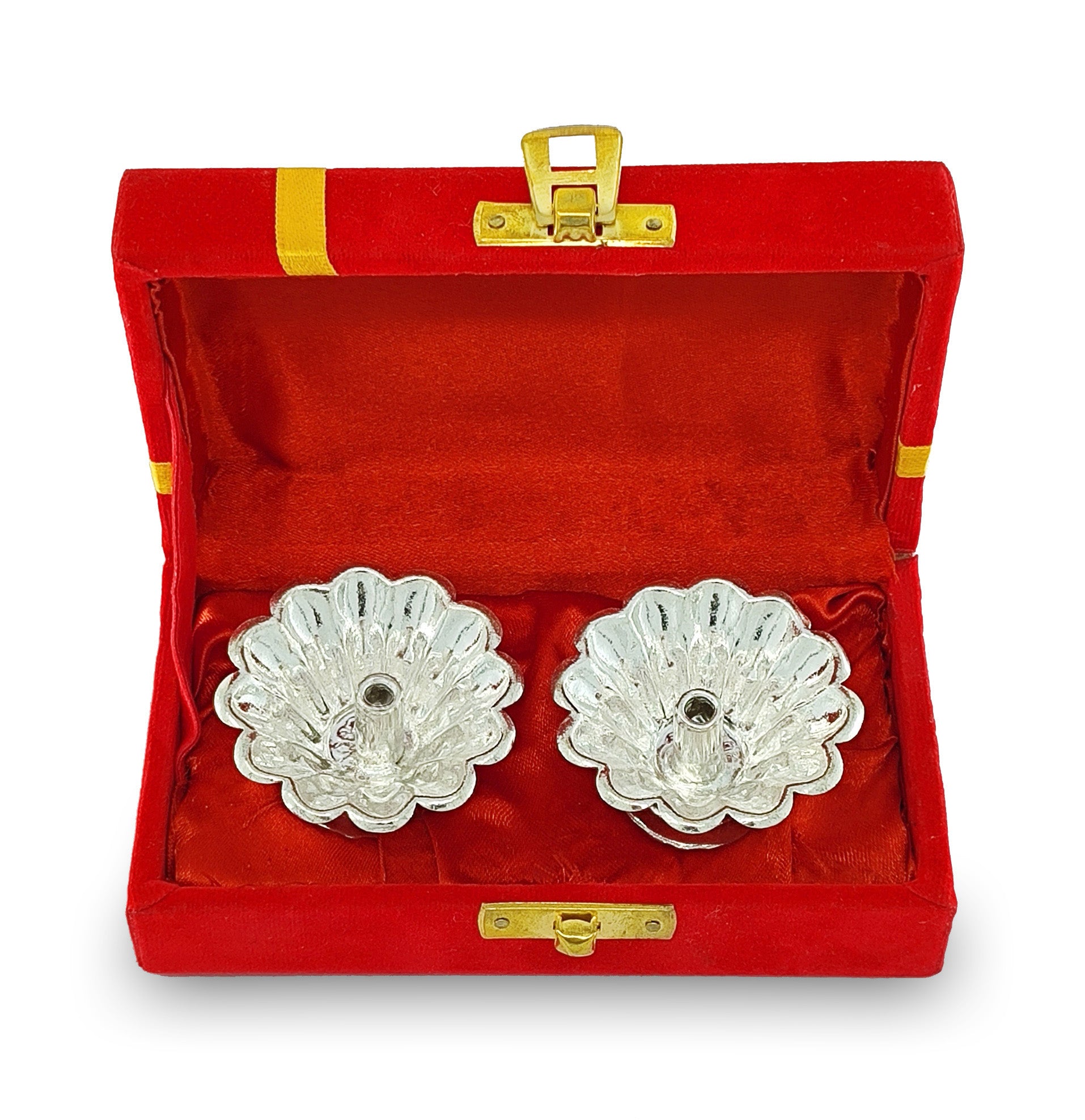 BENGALEN Silver Plated Diya with Red Velvet Gift Box Dia Pooja Items Diwali Decoration Puja Gifts Handmade Oil Lamp Traditional Indian Deepawali Gift Items
