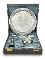 BENGALEN Pooja Thali Set Silver Plated with Gift Box Designed Puja Plate 22 CM Kalash Bowl Ghanti Spoon Dhup Dan Diya for Home Office Diwali Wedding Return Gift Items