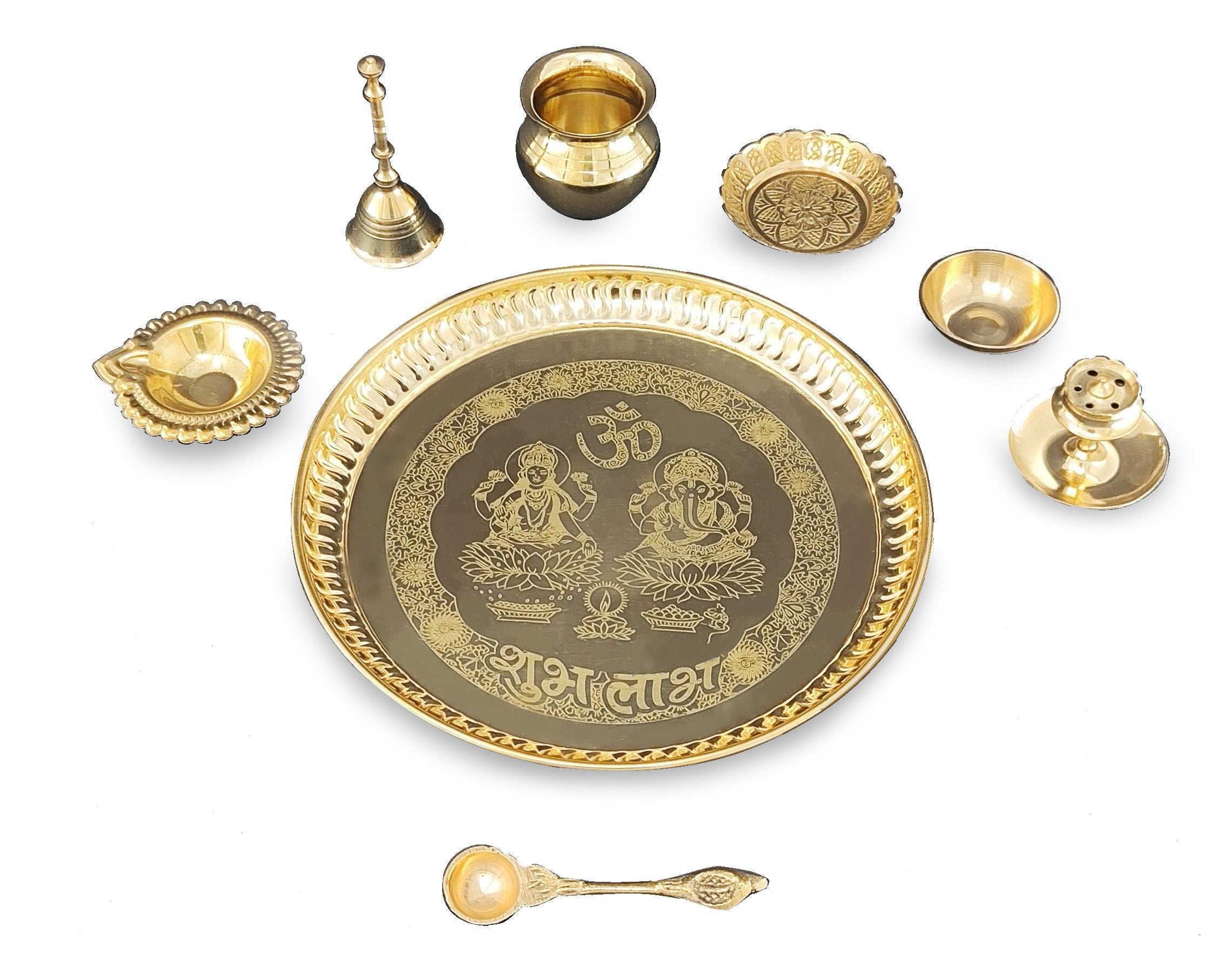 BENGALEN Brass Pooja Thali Set 8 Inch Puja Items with Pital Plate Kalash Palli Kangura Plate Chandan Vati Diya Dhup Dan Ghanti Arti Thali for Diwali Home Office Mandir Wedding Return Gift Items