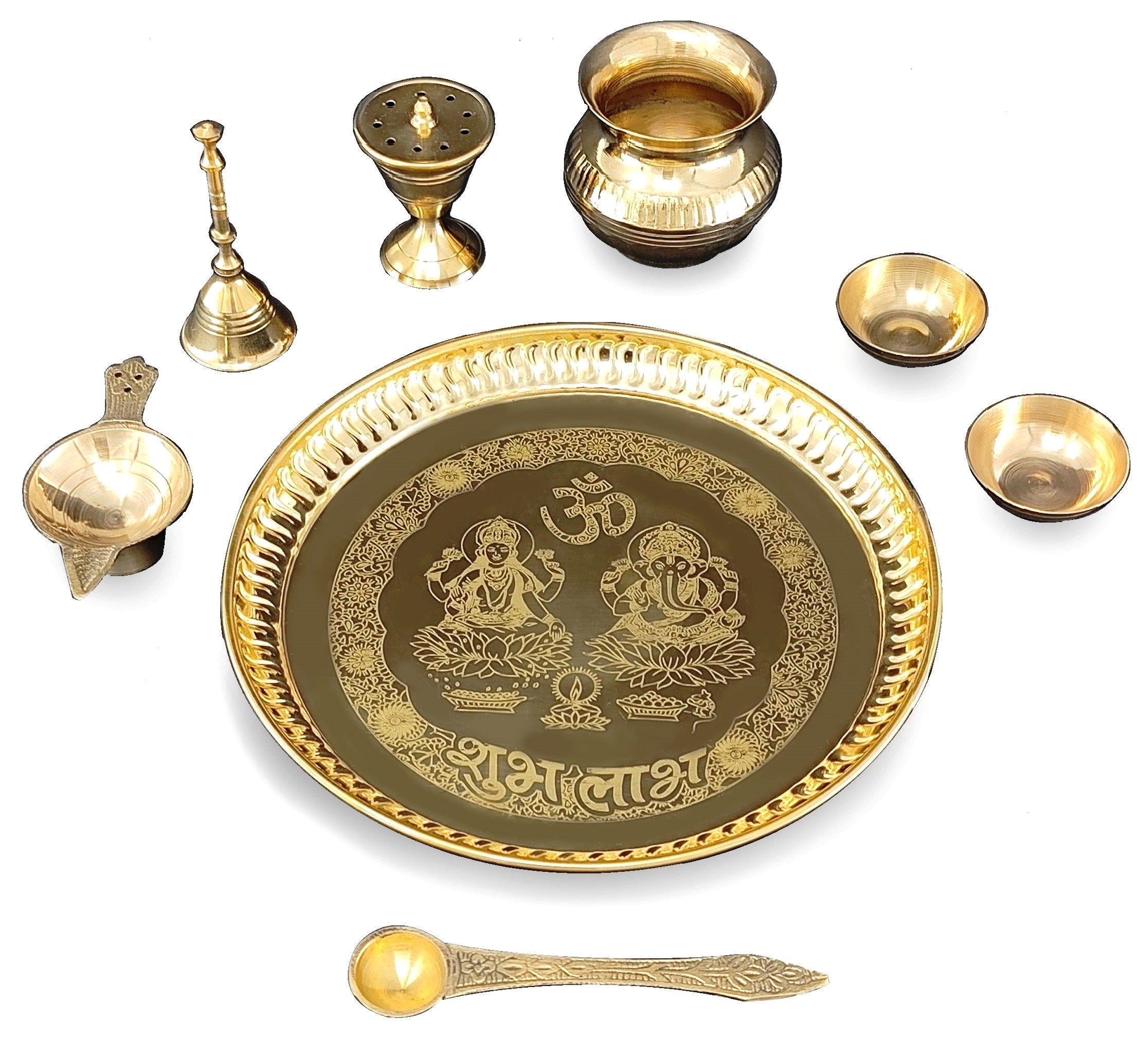 Bengalen Brass Pooja thali 8 Inch with Accessories Ganesh Lakshmi Design Puja Set Wedding Return Gift Items