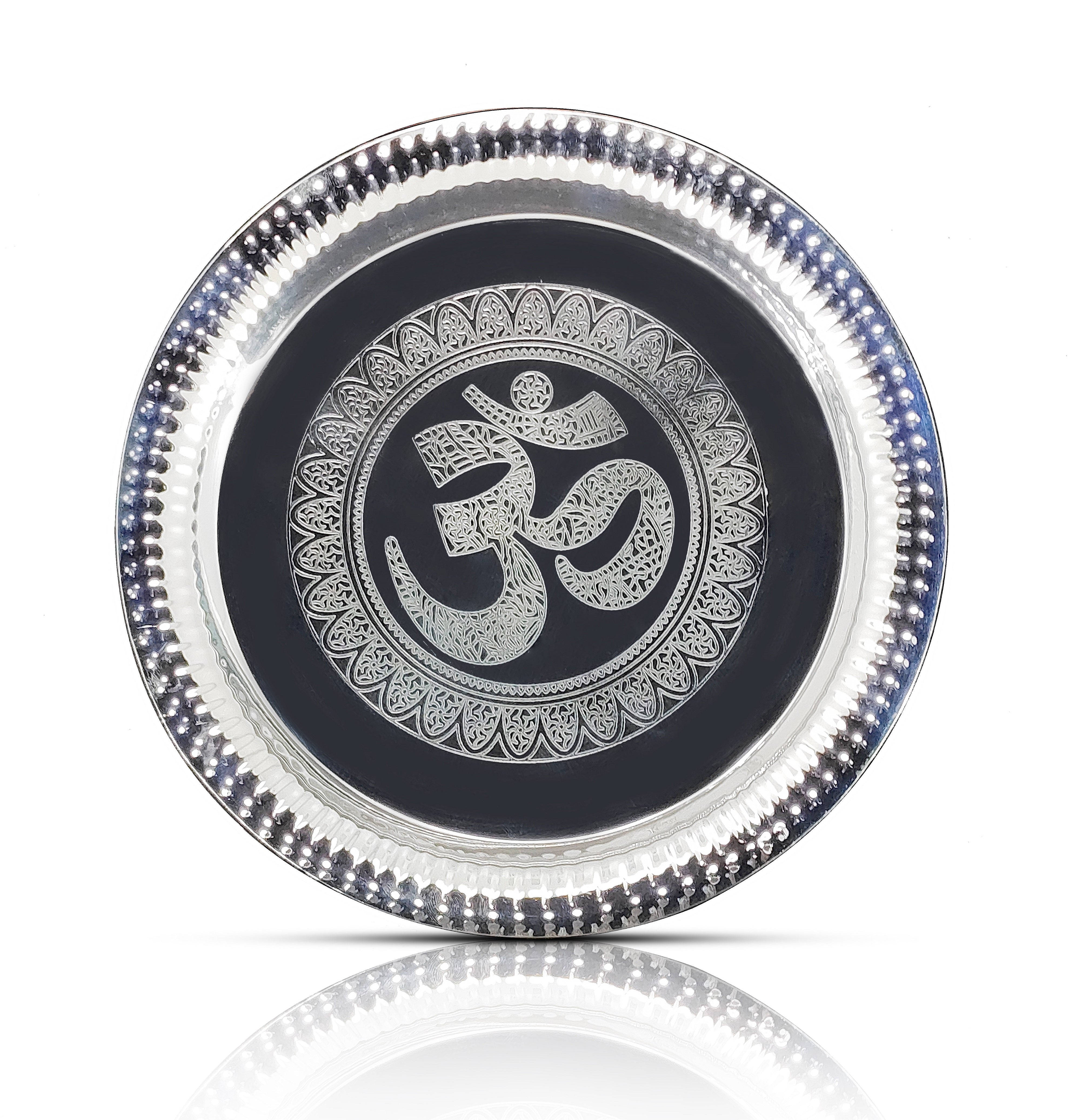 BENGALEN Pooja Thali Set Silver Plated with Blue Gift Box Om Designed 22 cm Puja Plate Kalash Bowl Ghanti Spoon Dhup Dan Diya for Home Office Diwali Wedding Return Gift Items