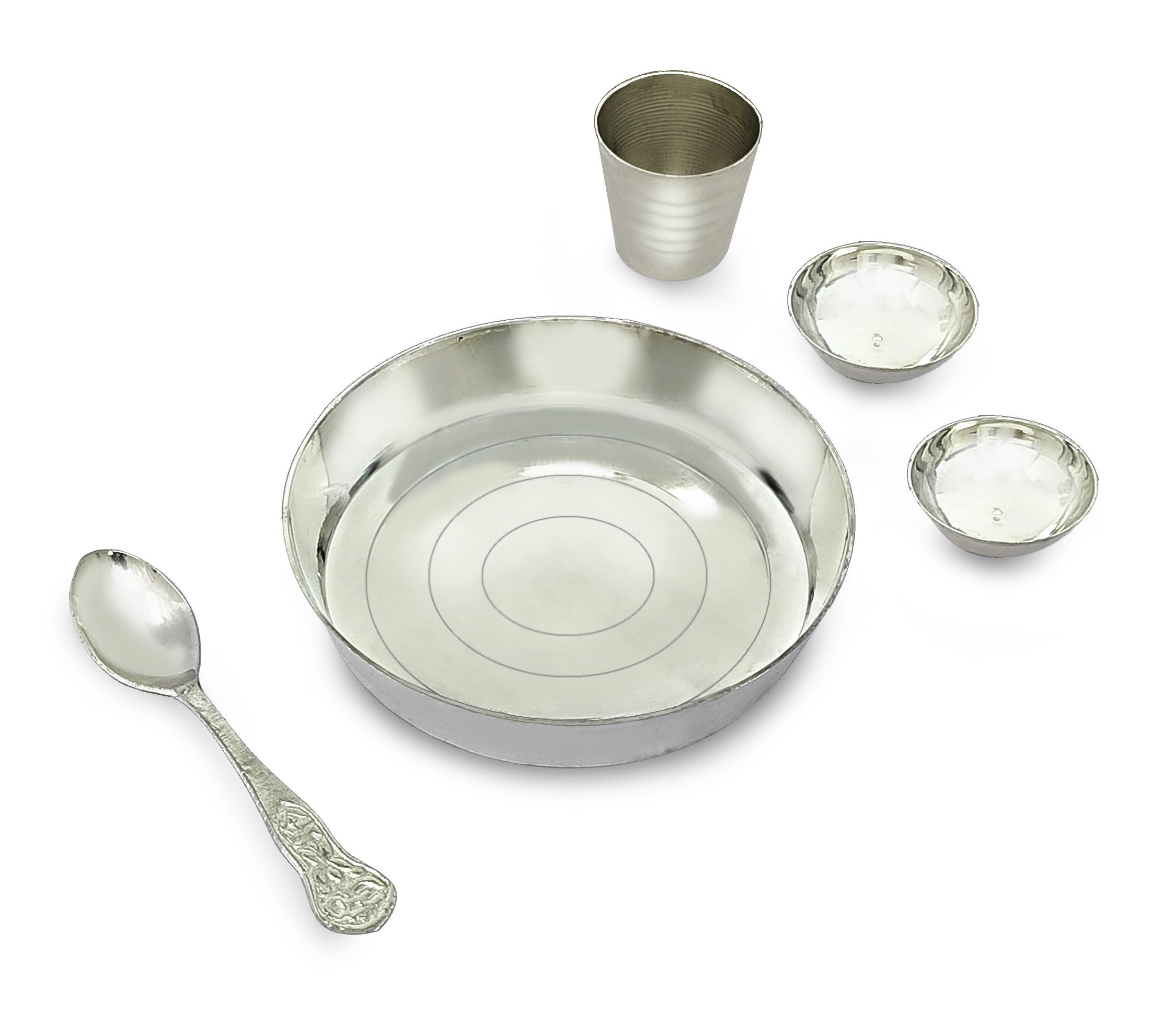 BENGALEN Laddu Gopal Bhog Thali Set Silver Plated Small 5 Inch Pooja Set for Krishna Janmashtami Decoration Iskcon Gift Festival Krishna Puja Set for Home Office Mandir Items