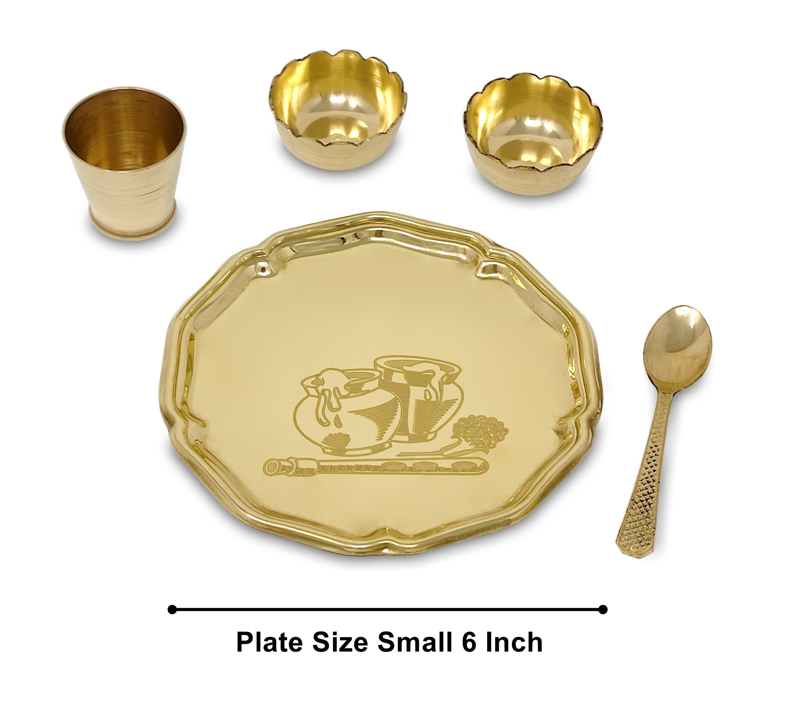 BENGALEN Pooja thali Set Brass Small 6 Inch With Red Gift Box Laddu Gopal Bhog Thali for Janmashtami Decoration Puja Item Festival Puja Krishna Bhog Thali Set for Home Office Mandir Return Gift Items