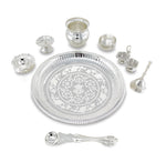 BENGALEN Pooja Thali Set Silver Plated with Grey Gift Box Puja Plate Devdas Diya Kalash Bowl Palli Haldi Kumkum Stand Dhup Dan Ghanti for Home Office Diwali Wedding Return Gifts