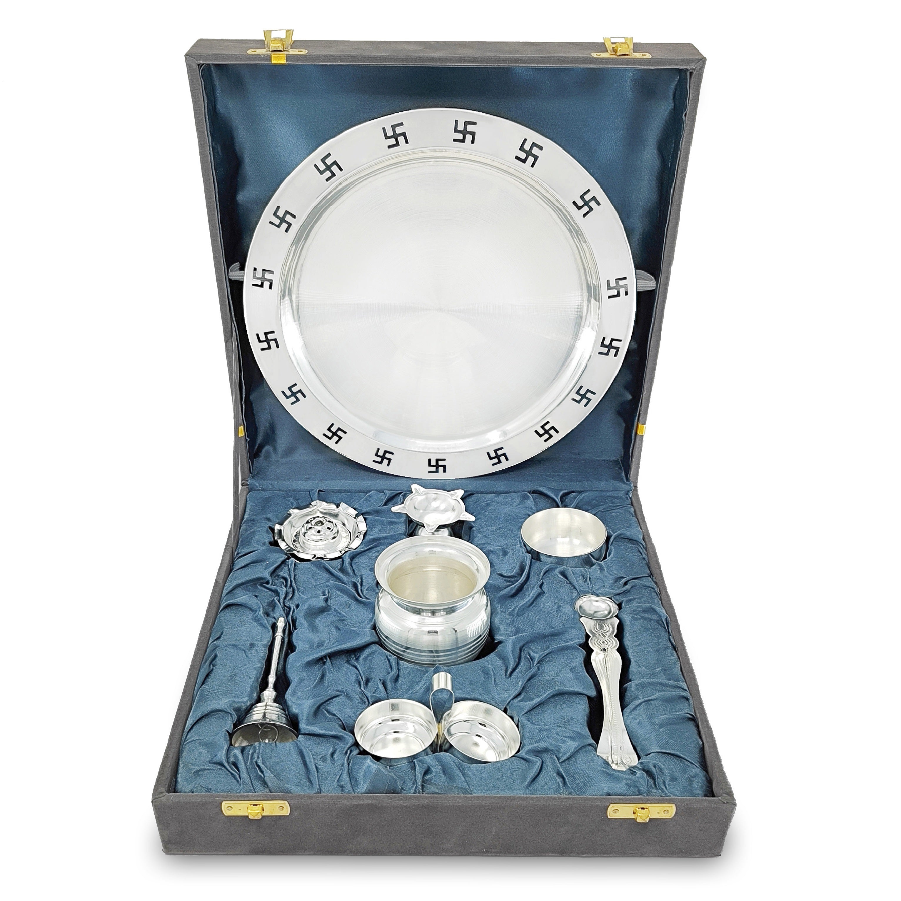 BENGALEN Pooja Thali Set 9 Inch Silver Plated with Gray Gift Box