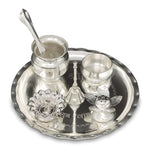 Silver Plated Pooja thali Set 8 Inch with Plate Ghanti Bowl Spoon Dhup Dan Diya Kumkum Holder Coin Puja Thali for Home Mandir Office Wedding Return Diwali Gift Items