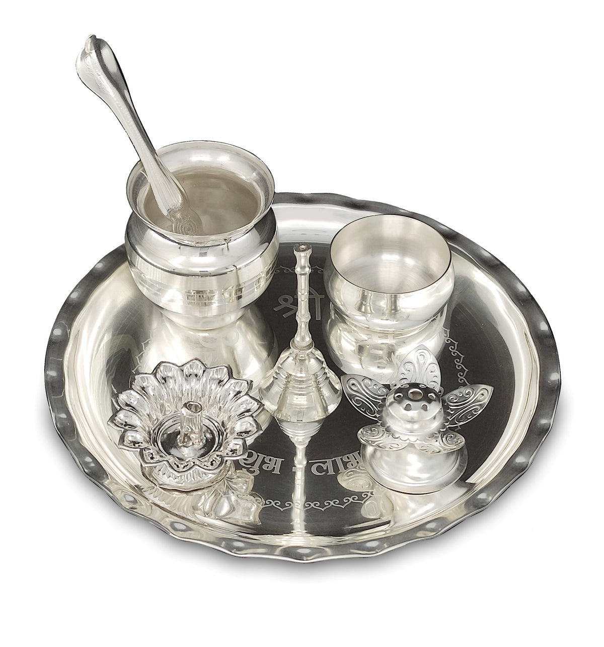 Silver Plated Pooja thali Set 8 Inch with Plate Ghanti Bowl Spoon Dhup Dan Diya Kumkum Holder Coin Puja Thali for Home Mandir Office Wedding Return Diwali Gift Items