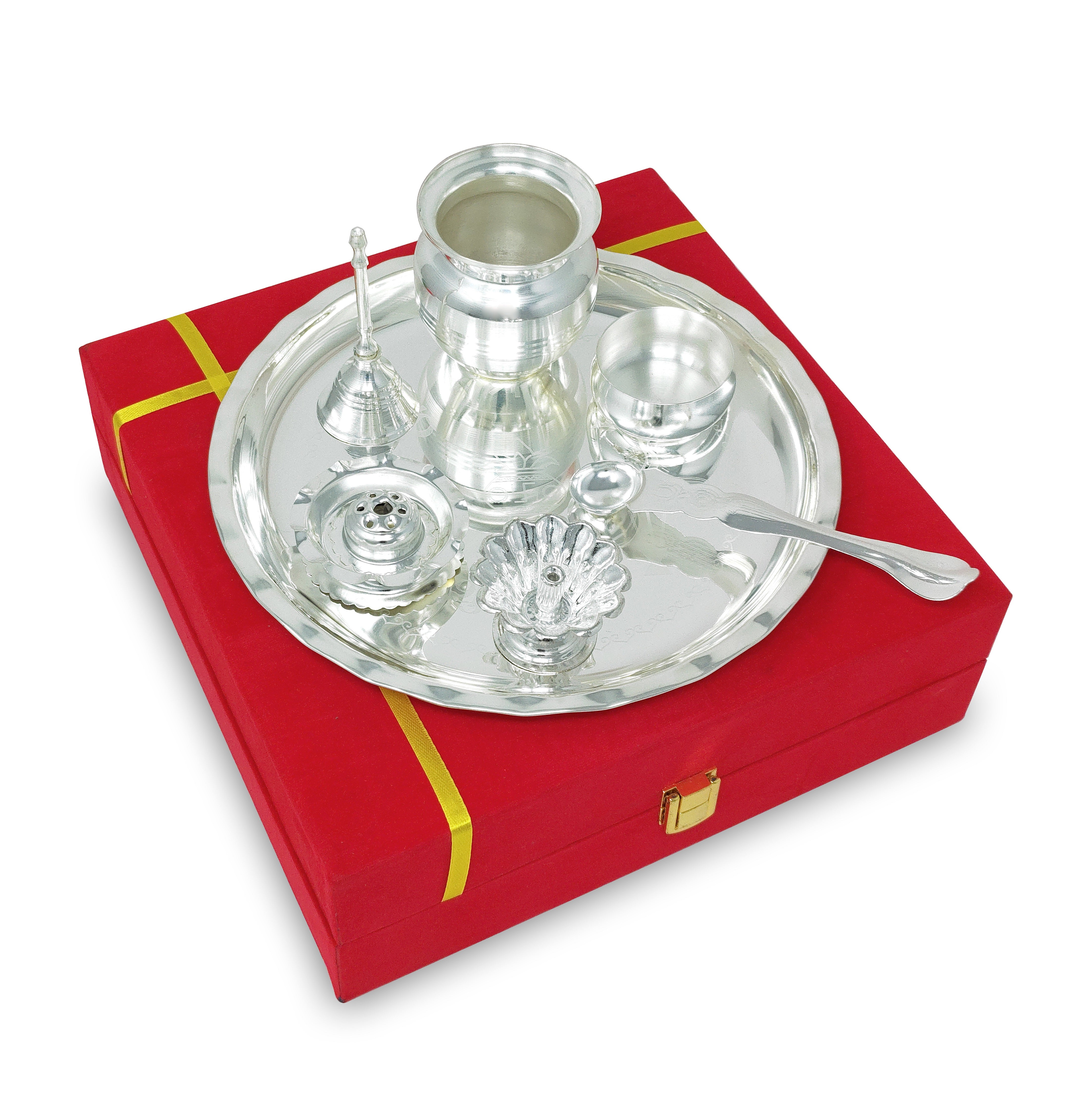 BENGALEN Pooja Thali Set with Velvet Gift Box 8 Inch Puja Plate Kalash Palli Diya Agarbatti Stand Bowl Kumkum Holder Ghanti Puja Items Diwali Wedding Gifts