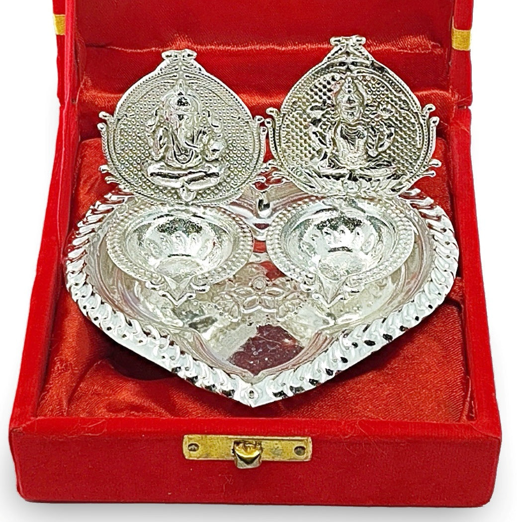Ganesh Lakshmi Statue Diya Silver with Red Gift Box