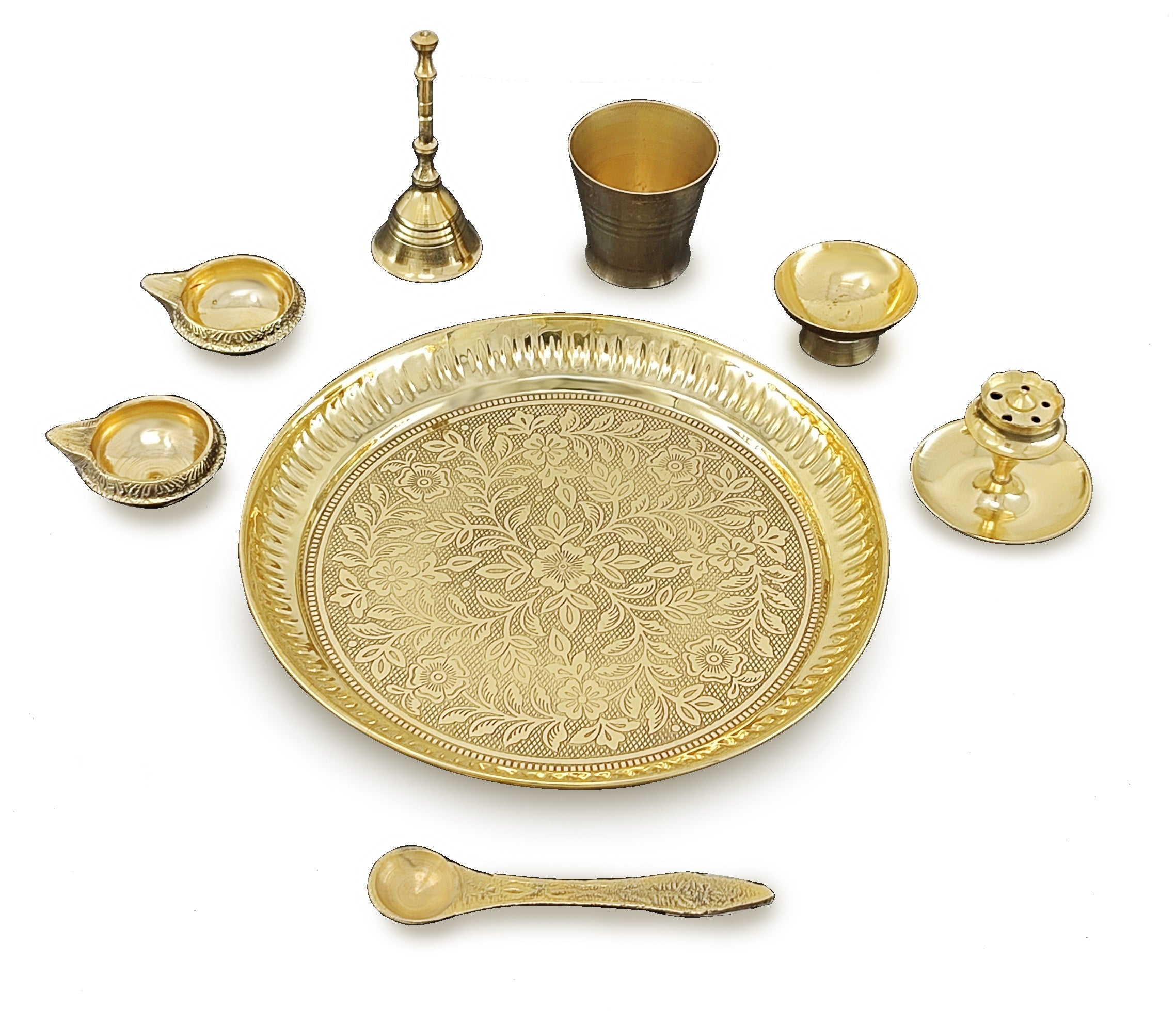 BENGALEN Brass Pooja Thali Set 7 Inch with Pital Puja Plate Kalash Bowl Spoon Dhup Dan Palli Ghanti Kuber Diya Chandan Wati Arti Thali for Diwali Home Office Mandir Wedding Return Gift Items