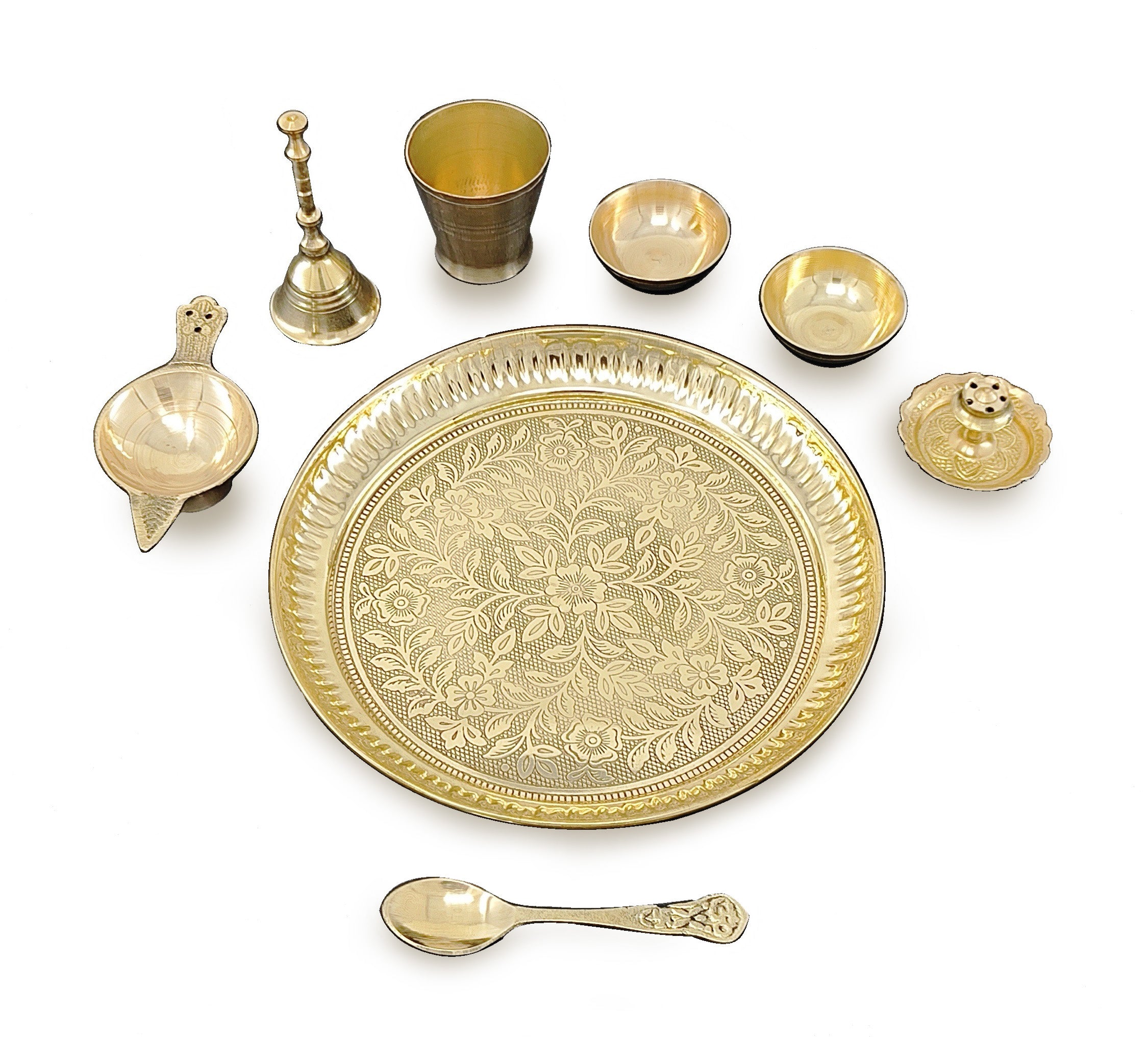BENGALEN Brass Pooja Thali Set 7 Inch with Pital Puja Plate Kalash Bowl Spoon Dhup Dan Palli Ghanti Kuber Diya Chandan Wati Arti Thali for Diwali Home Office Mandir Wedding Return Gift Items
