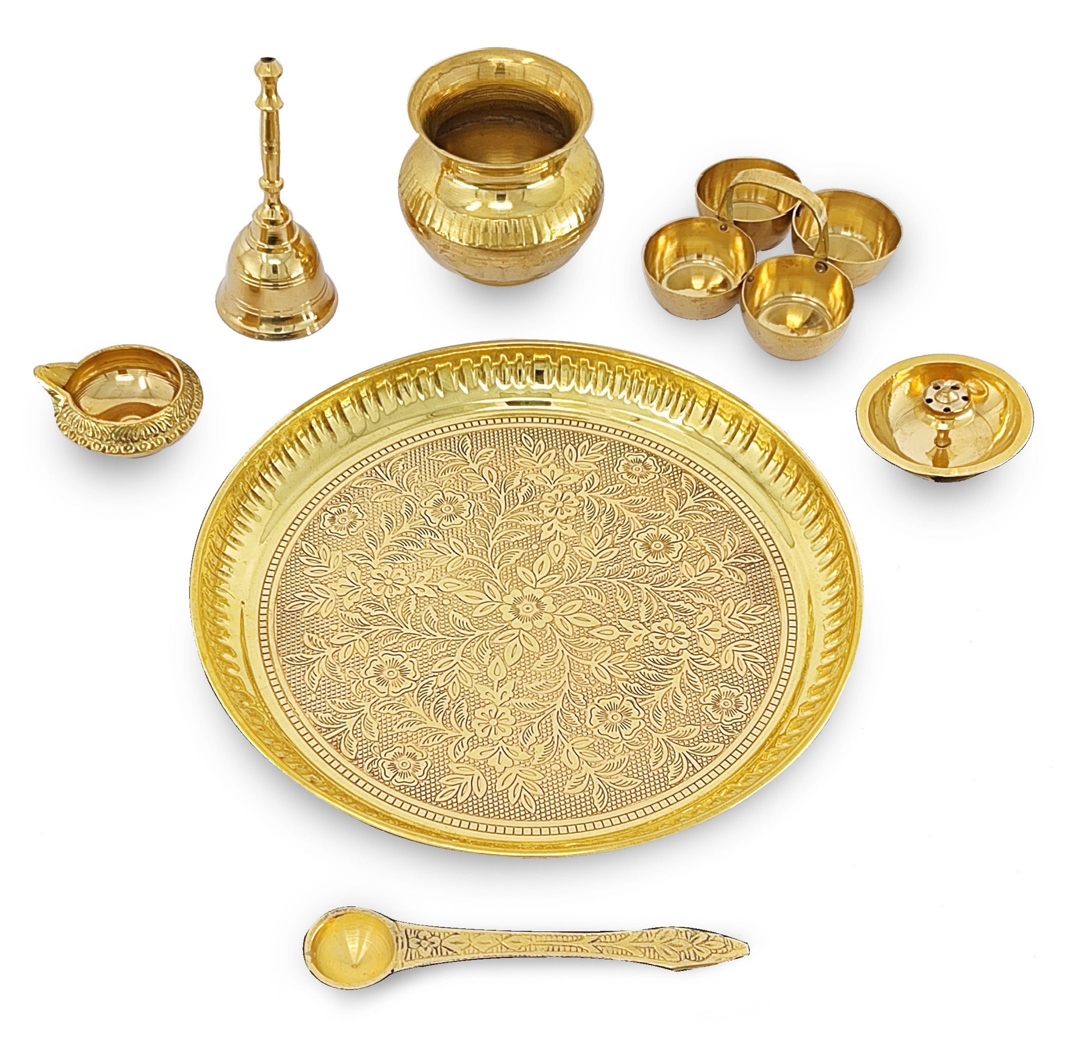 BENGALEN Brass Pooja Thali Set 8 Inch Puja Thali with Pital Plate Kalash Haldi Kumkum Holder Agarbatti Stand Kuber Diya Ghanti Palli Arti Thali for Diwali Home Office Mandir Wedding Return Gift Items
