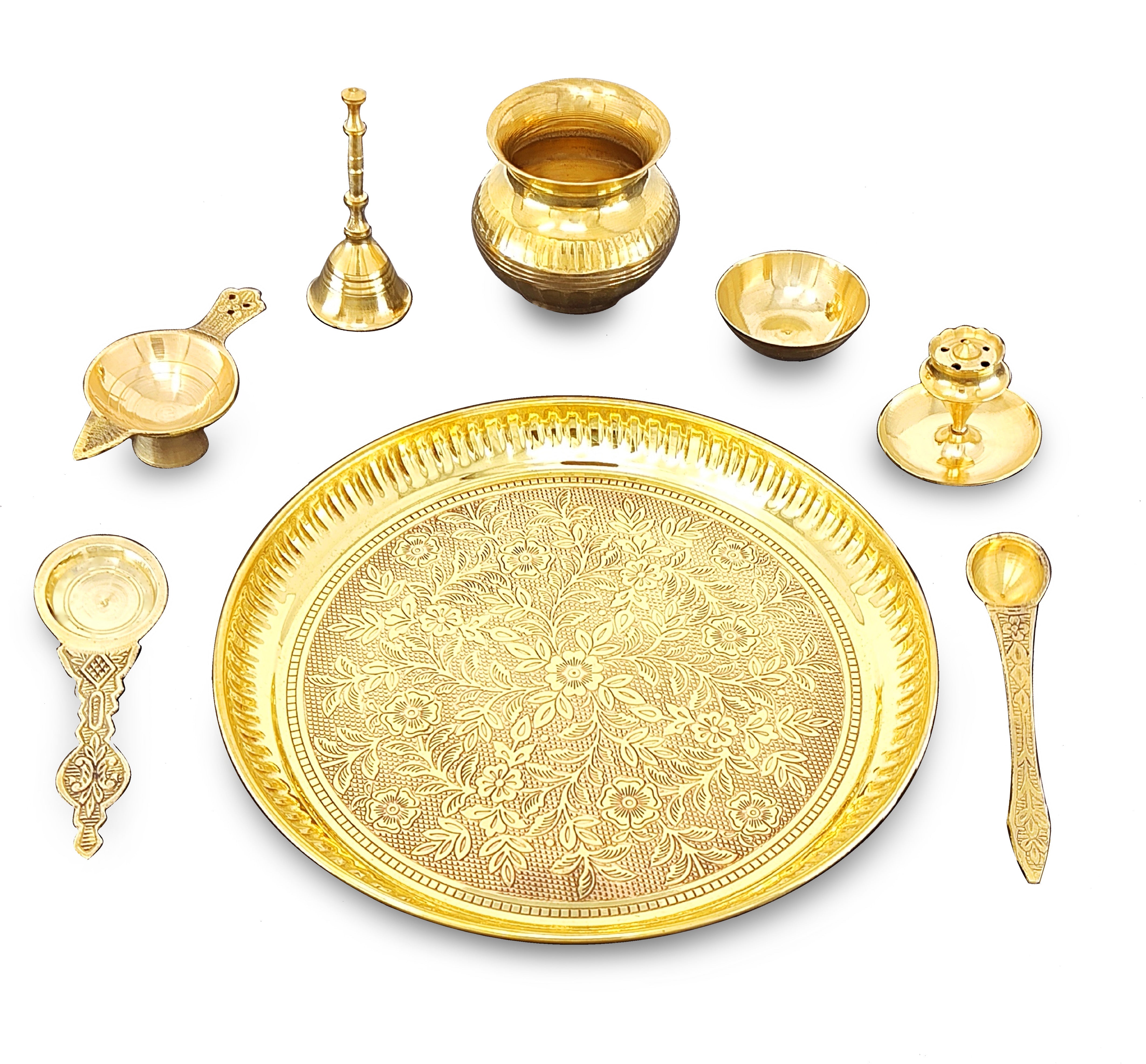 BENGALEN Brass Pooja Thali Set 8 Inch Puja Thali with Pital Plate Kalash Palli Chandan Wati Agarbatti Stand Kappur Arti Diya for Diwali Home Office Mandir Wedding Return Gift Items