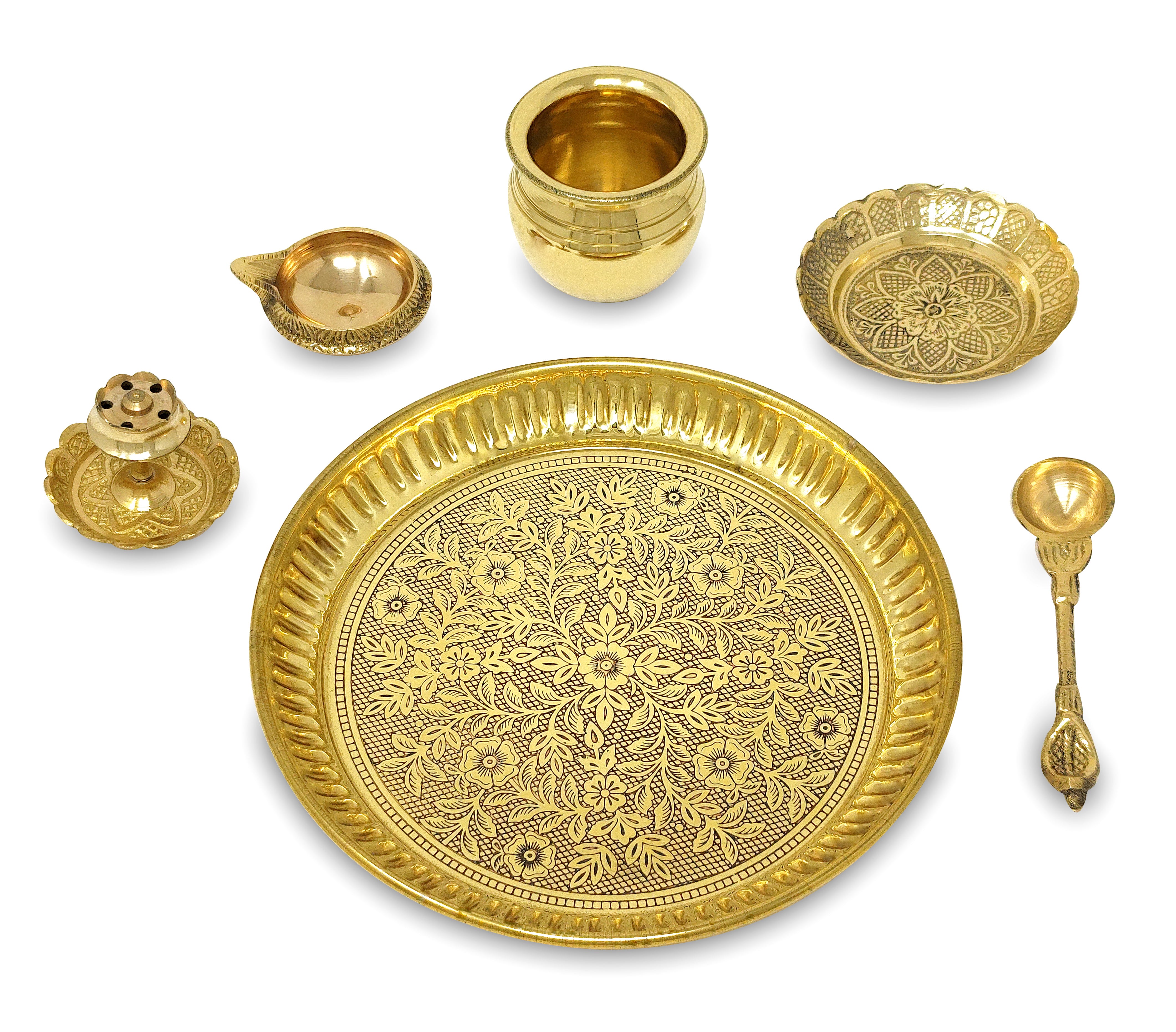 BENGALEN Brass Pooja Thali Set 6 Inch Puja Thali with Pital Plate Kalash Kuber Diya Dhup Dan Palli Kangura Plate Arti Thali for Diwali Home Office Mandir Wedding Return Gift Items