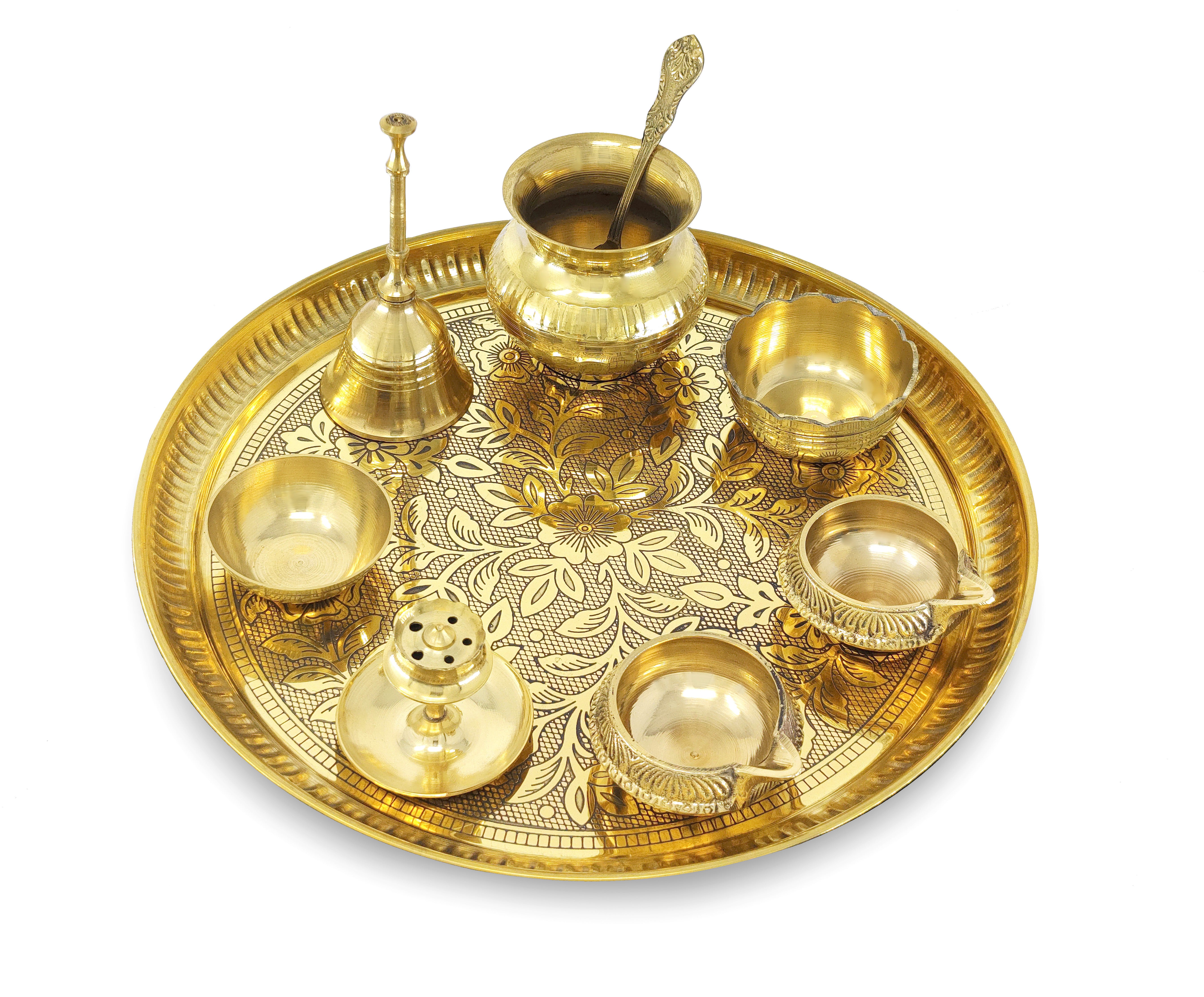 BENGALEN Brass Pooja Thali Set 10 Inch for Diwali Home Office Mandir Wedding Return Gift Items