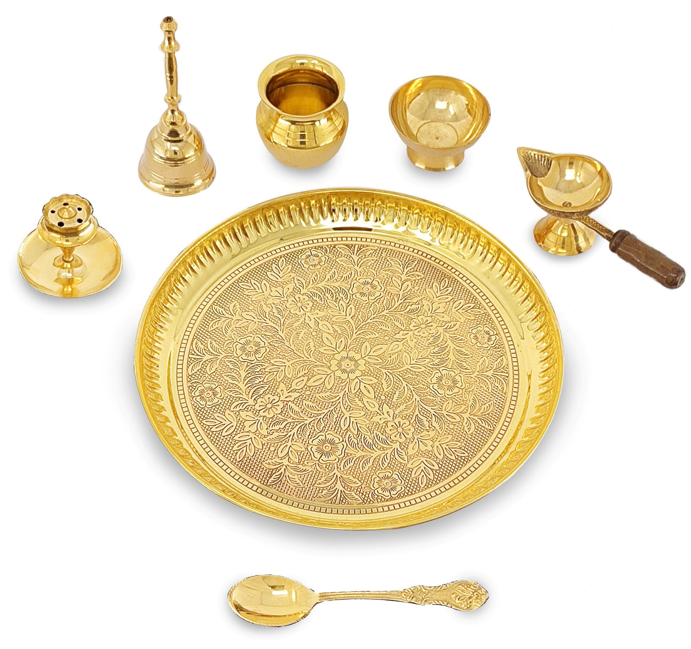 BENGALEN Brass Puja Thali Set 8 Inch Pooja Thali with Pital Plate Kalash Chandan Wati Diya Dhup Dan Ghanti Spoon Arti Thali for Diwali Home Office Mandir Wedding Return Gift Items