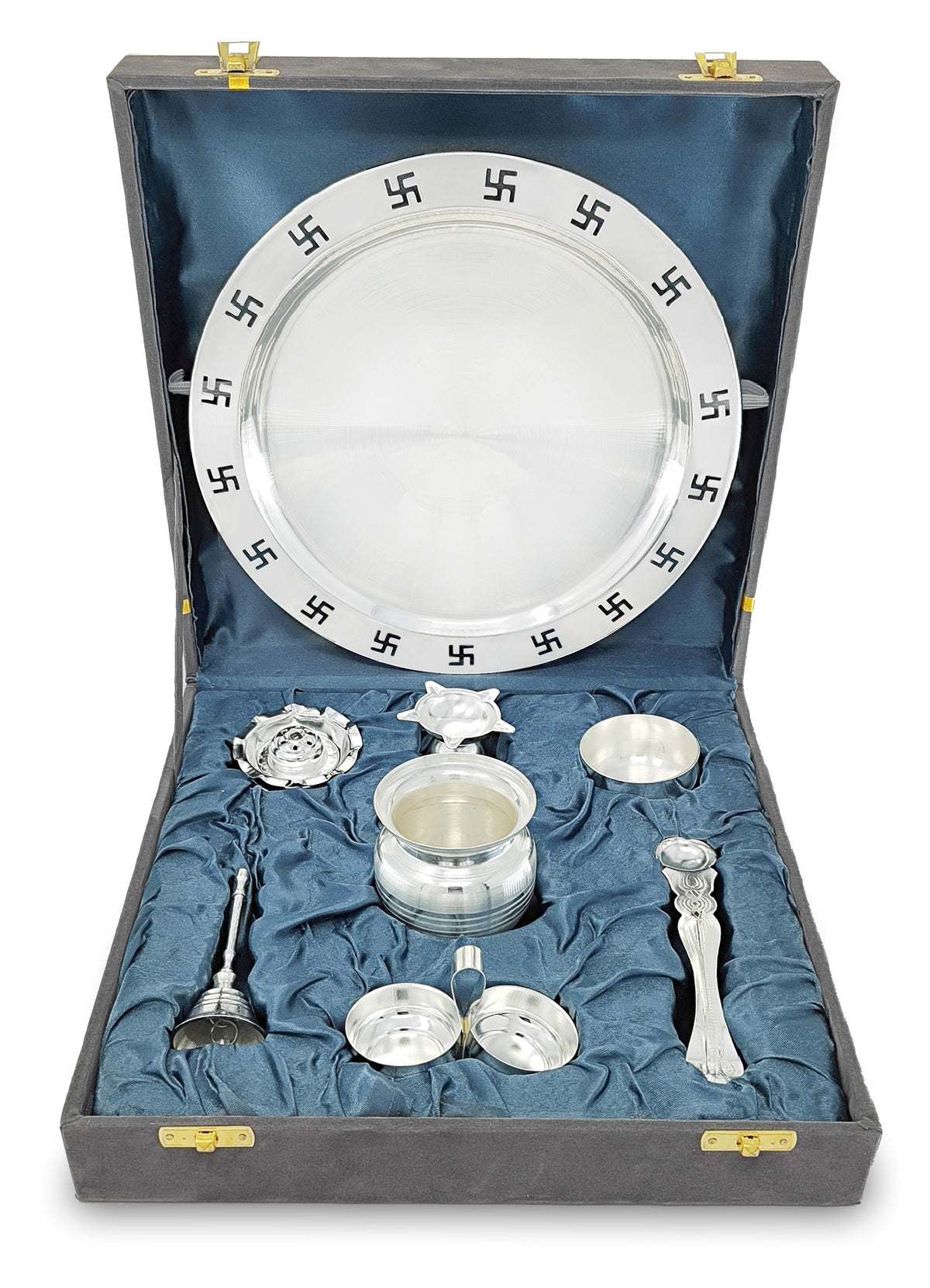 BENGALEN Pooja Thali Set 9 Inch Silver Plated with Gray Gift Box