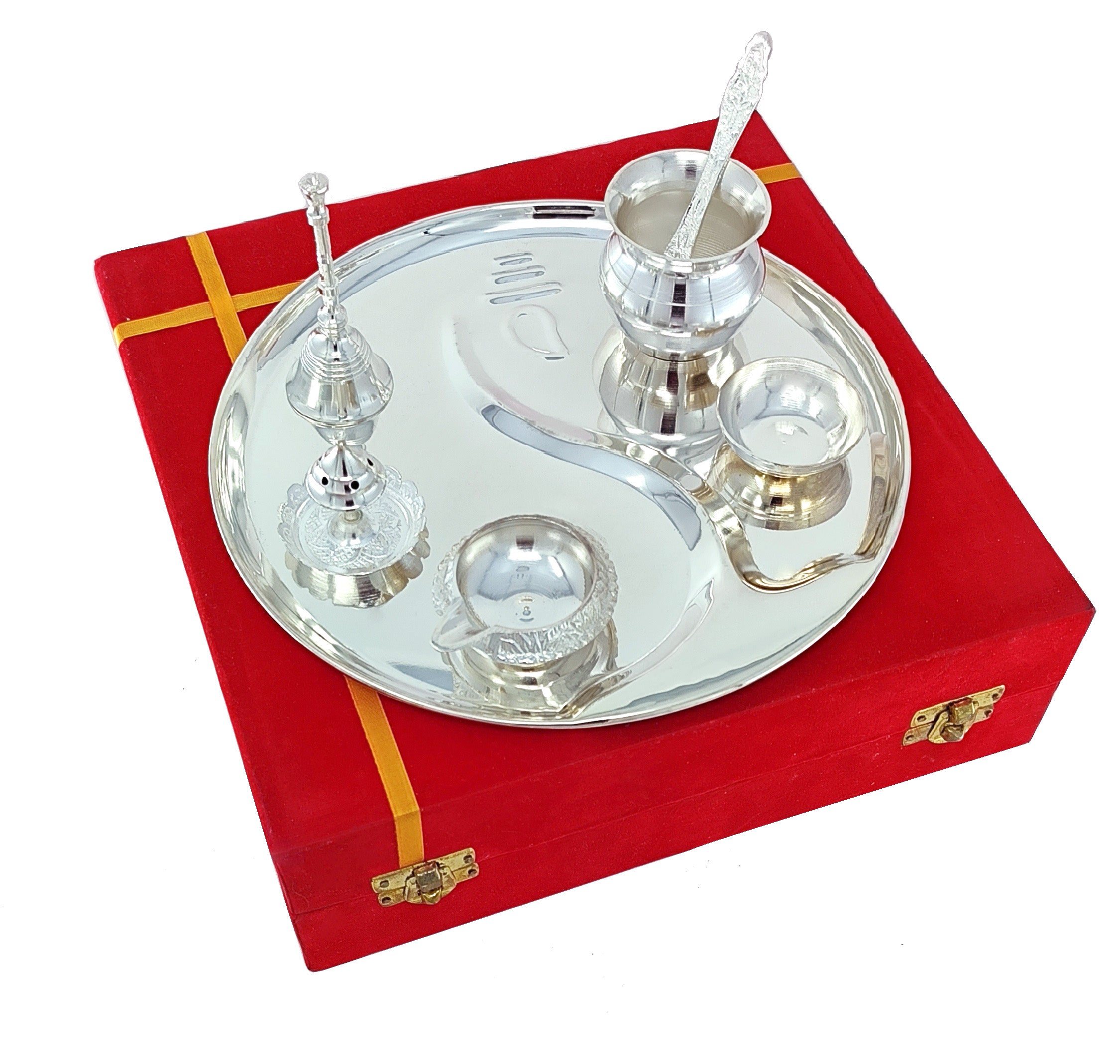 BENGALEN Pooja Thali Set Silver Plated with Gift Box 22 cm Designed Puja Plate Kalash Ghanti Bowl Spoon Dhup Dan Kuber Diya for Housewarming Diwali Wedding Gift Items