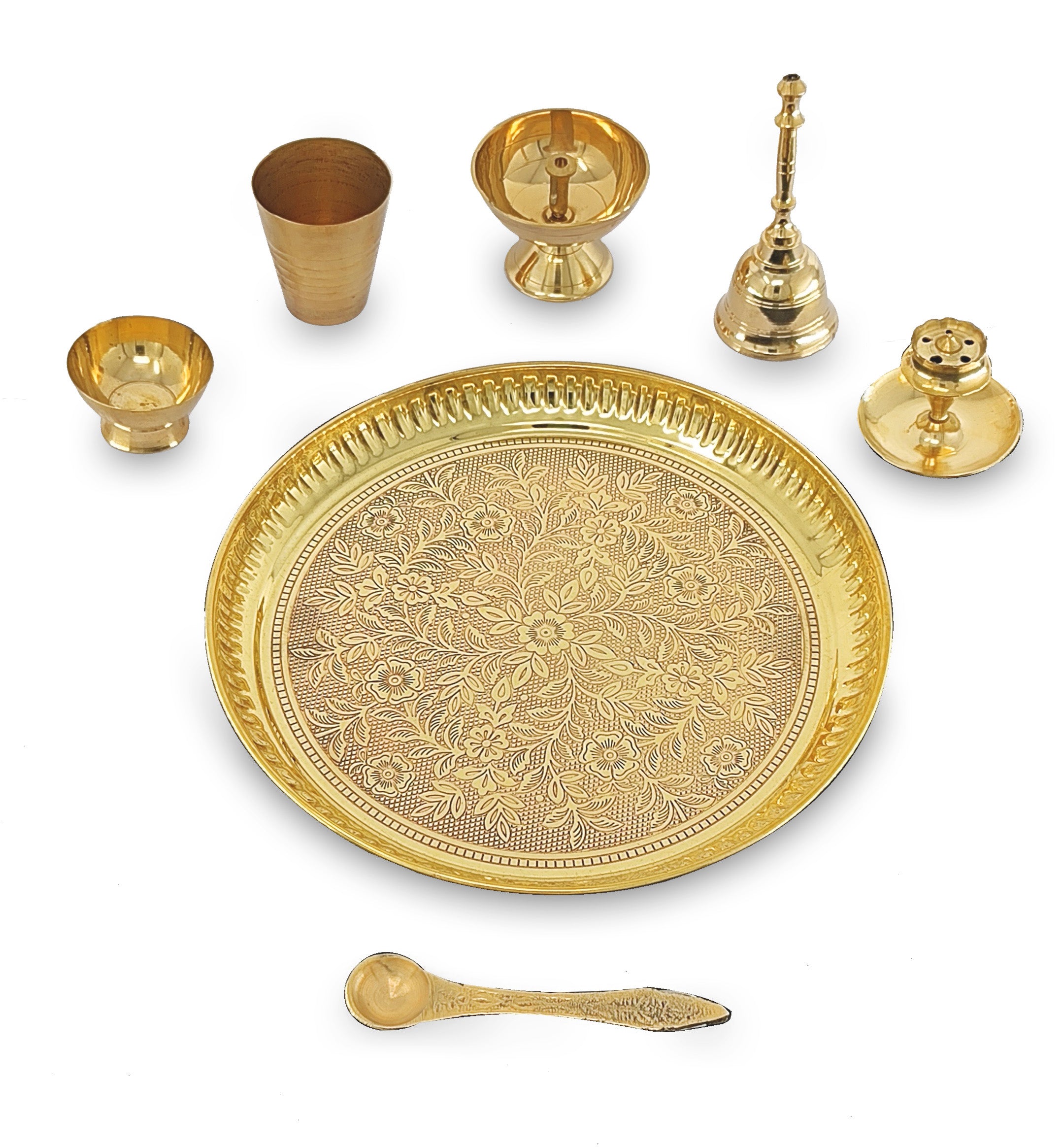 BENGALEN Brass Pooja Thali Set 8 Inch Puja Thali with Pital Plate Glass Piyali Diya Dhup Dan Chandan Wati Ghanti Palli for Diwali Home Office Mandir Wedding Return Gift Items