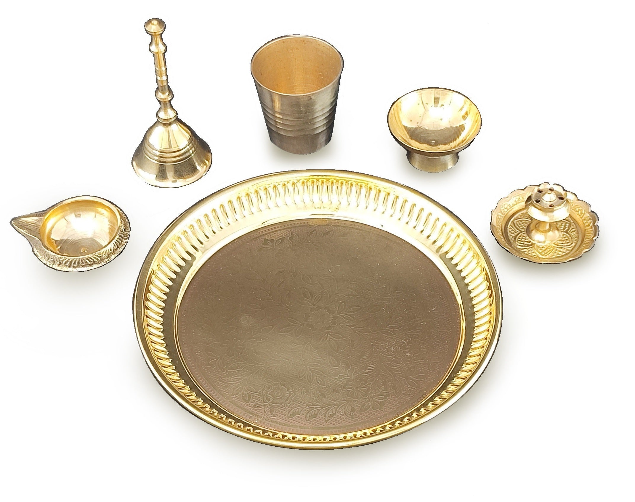 BENGALEN Brass Pooja Thali Set 6 Inch Puja Thali with Pital Plate Glass Chandan Vati Dhup Dan Kuber Diya Ghanti Arti Thali for Diwali Home Office Mandir Wedding Return Gift Items
