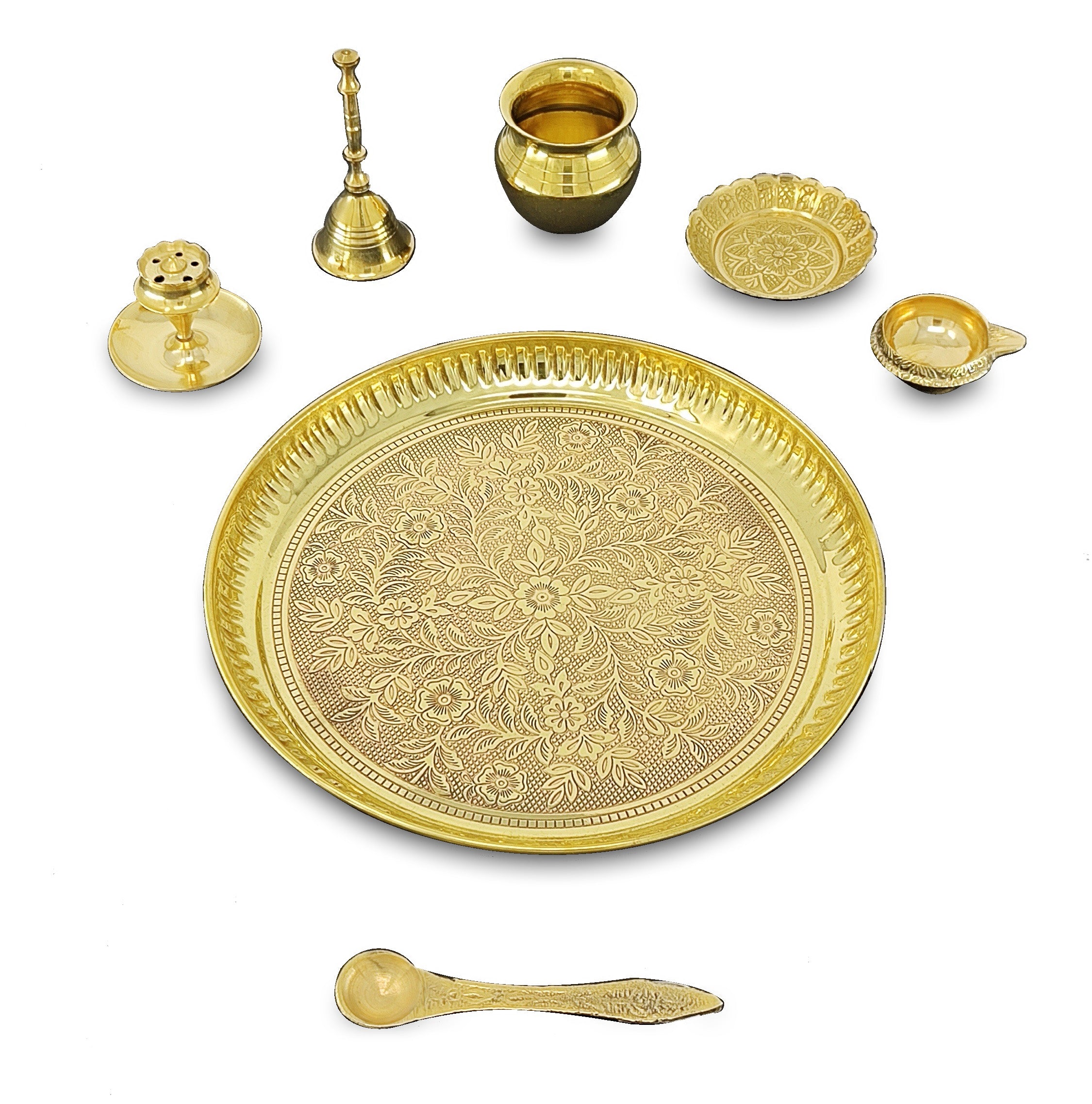 BENGALEN Brass Pooja Thali Set 8 Inch Puja Thali with Pital Designed Plate Kalash Kangura Plate Dhup Dan Kuber Diya Ghanti Palli for Diwali Home Office Mandir Wedding Return Gift Items