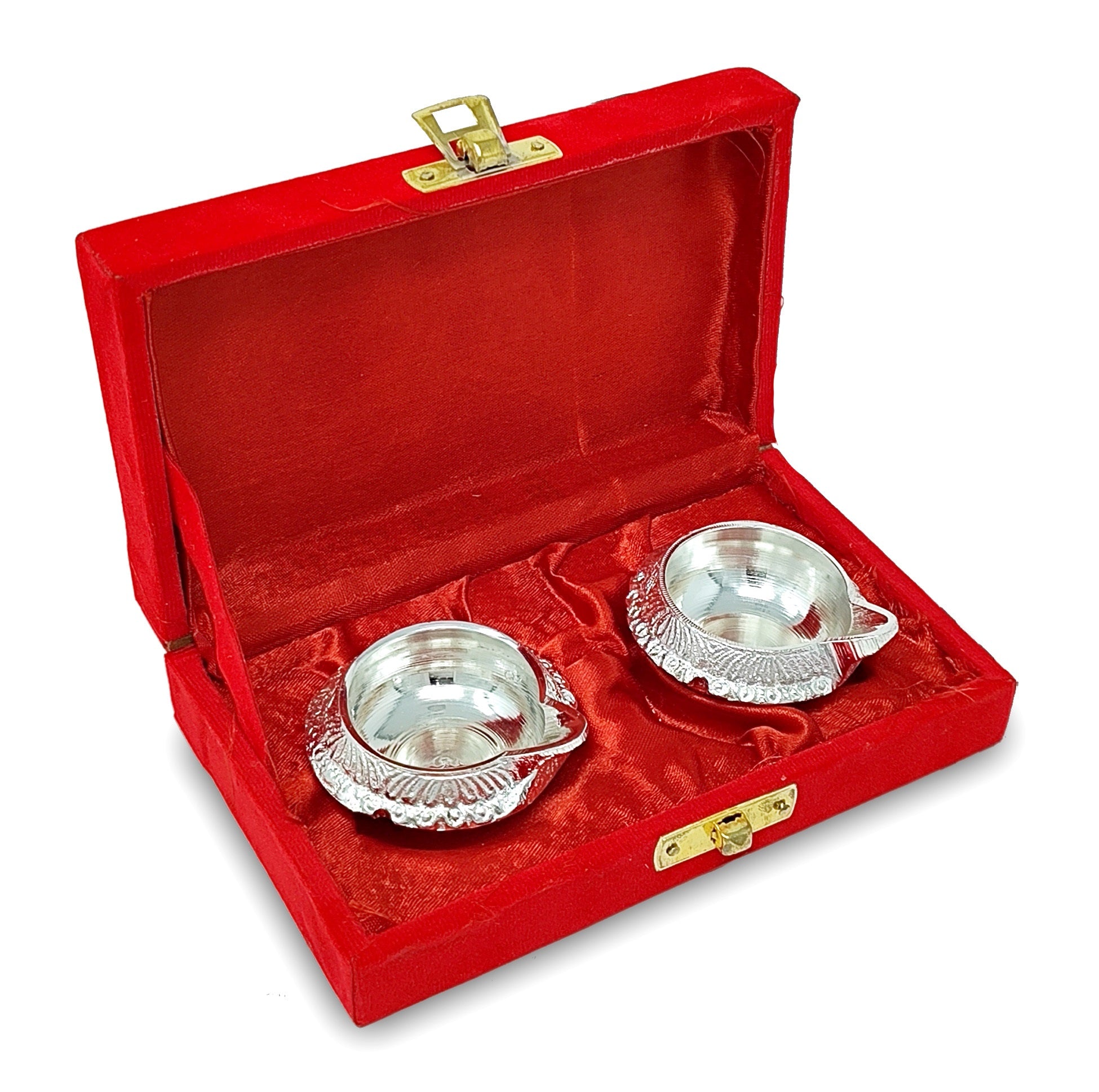 BENGALEN Silver Plated Diya with Red Velvet Gift Box Kuber Dia Pooja Items Diwali Decoration Puja Gifts Handmade Oil Lamp Traditional Indian Deepawali Gift Items