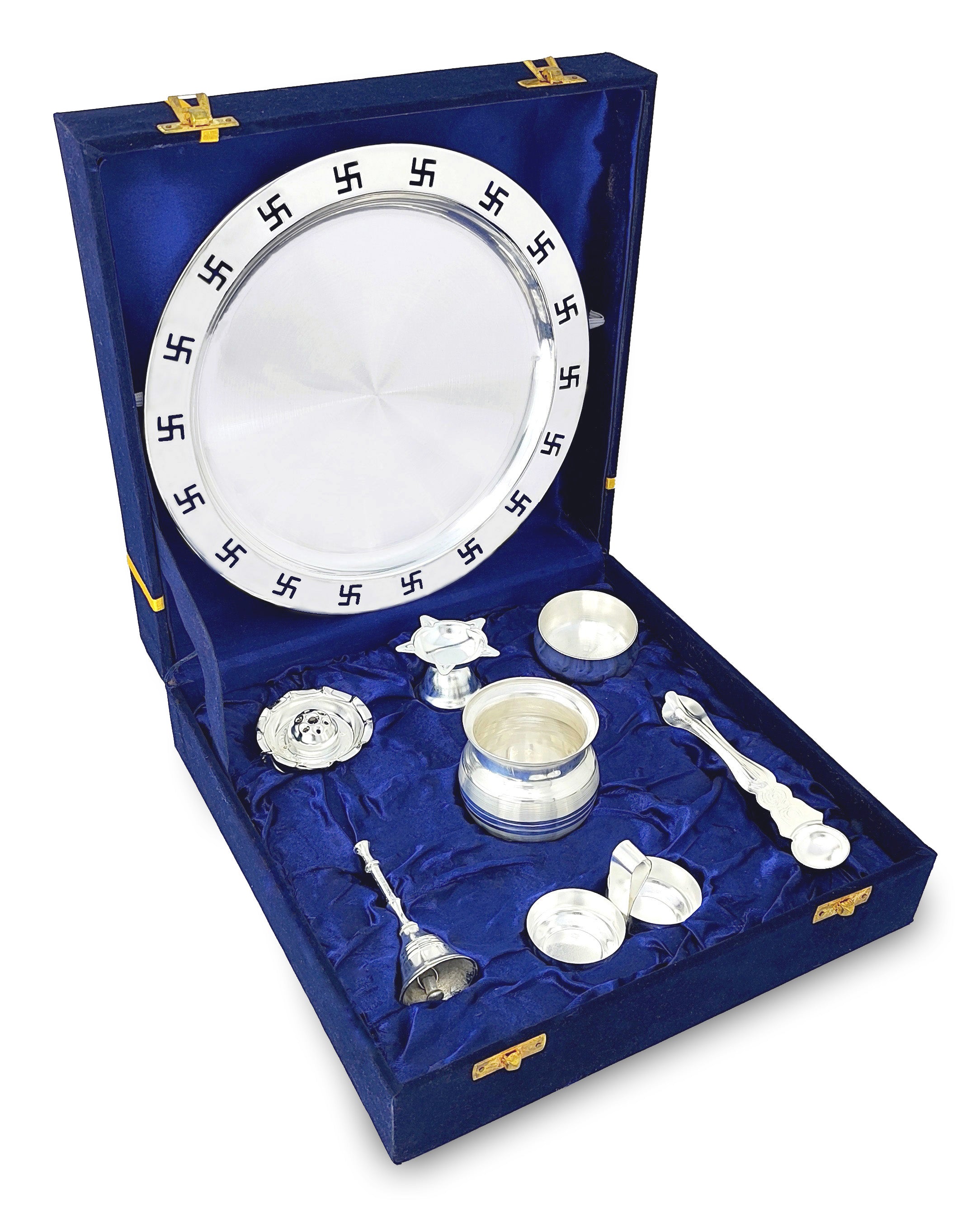 BENGALEN Pooja Thali Set 9 Inch Silver Plated with Blue Gift Box