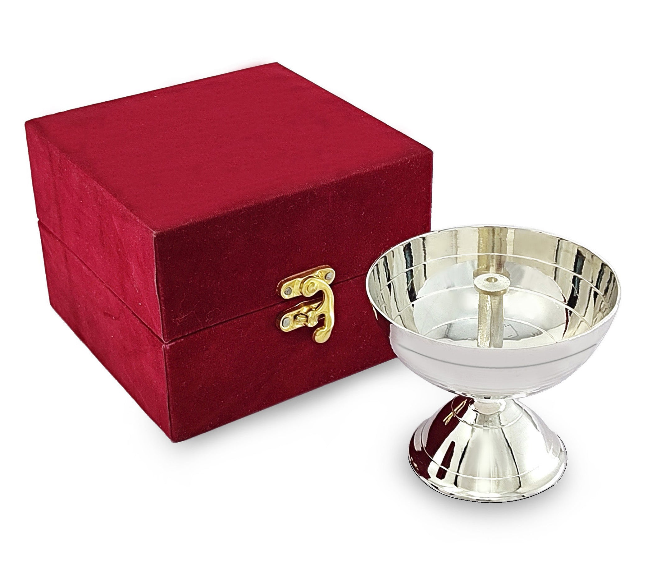 BENGALEN Silver Plated Piyali Diya Small with Red Velvet Gift Box Traditional Oil Lamp Deepak Lamp Panchmahal Deepam for Pooja Mandir Diwali Indian Puja Items Wedding Return Gifts