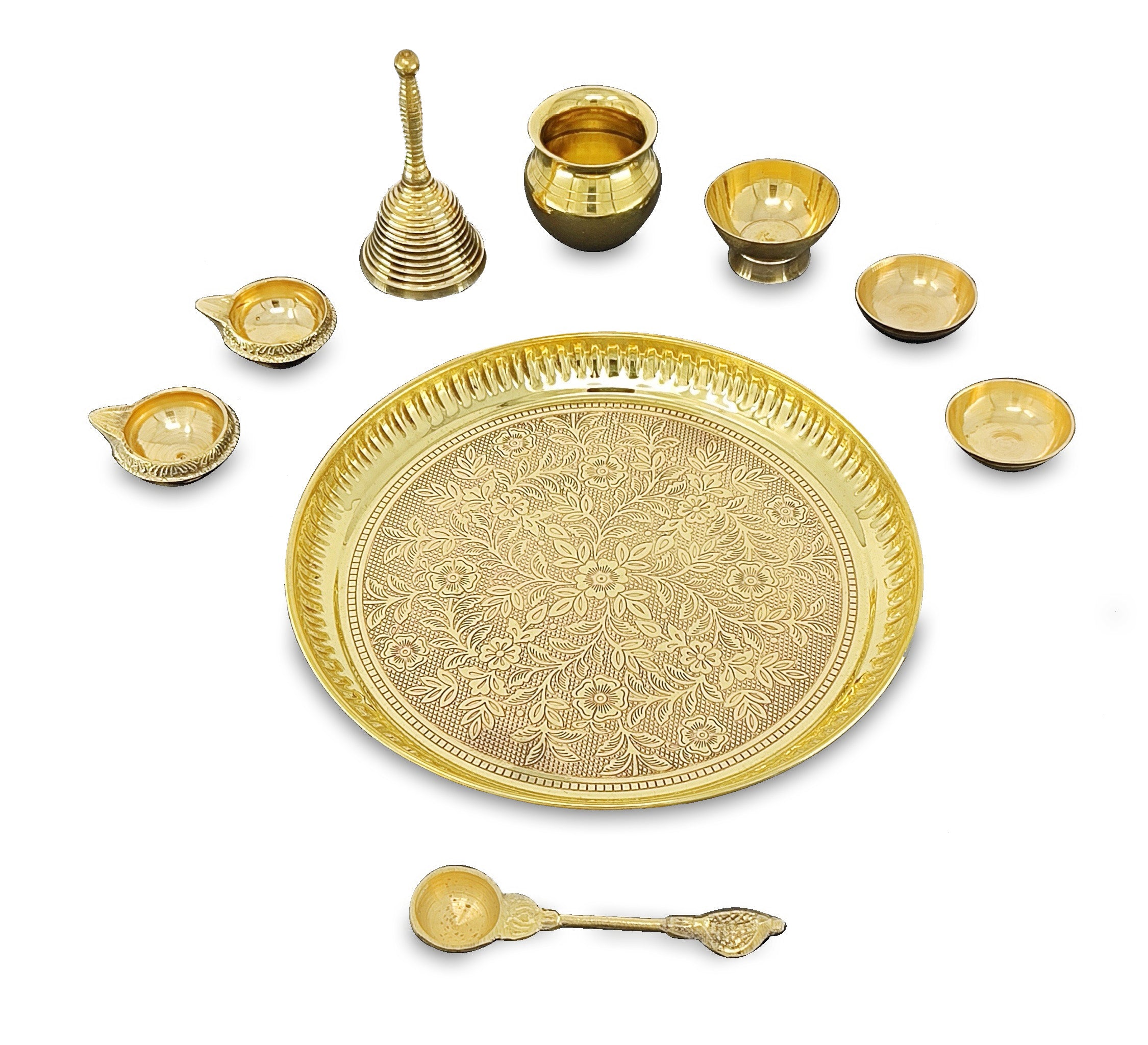 BENGALEN Brass Pooja Thali Set 8 Inch Puja Thali with Pital Plate Kalash Chandan Vati Dhup Dan Kuber Diya Ghanti Palli Arti Thali for Diwali Home Office Mandir Wedding Return Gift Items