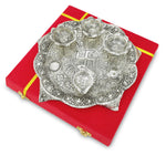 BENGALEN Pooja Set with Diya Silver Plated and Red Velvet Gift Box Puja Items Diwali Decoration Puja Gifts Handmade Oil Lamp Traditional Indian Deepawali Gift Items