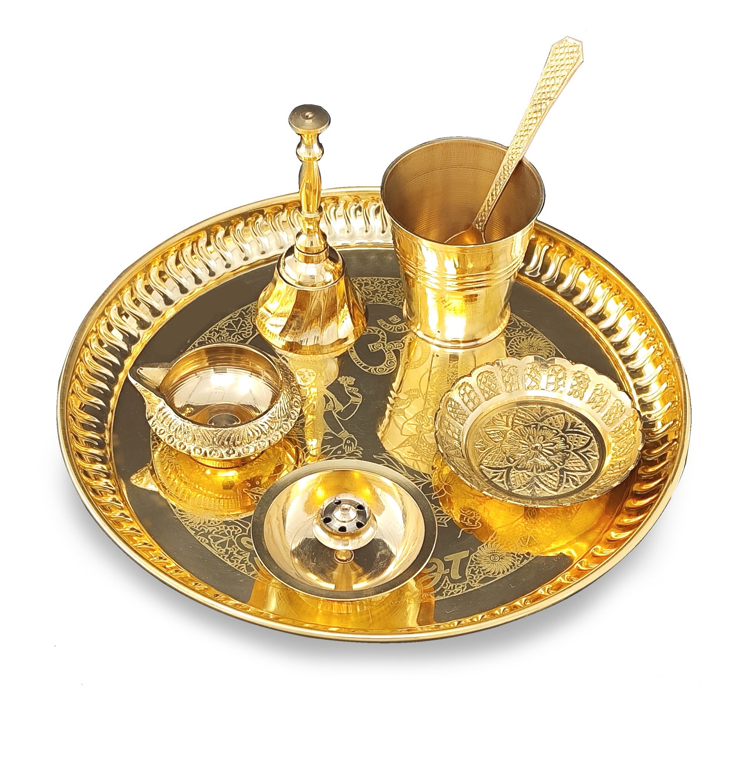 BENGALEN Brass Pooja Thali Set 8 Inch with Pital Puja Plate Glass Kangura Plate Spoon Dhup Dan Kuber Deep Ghanti Arti Thali for Diwali Home Office Mandir Wedding Return Gift Items