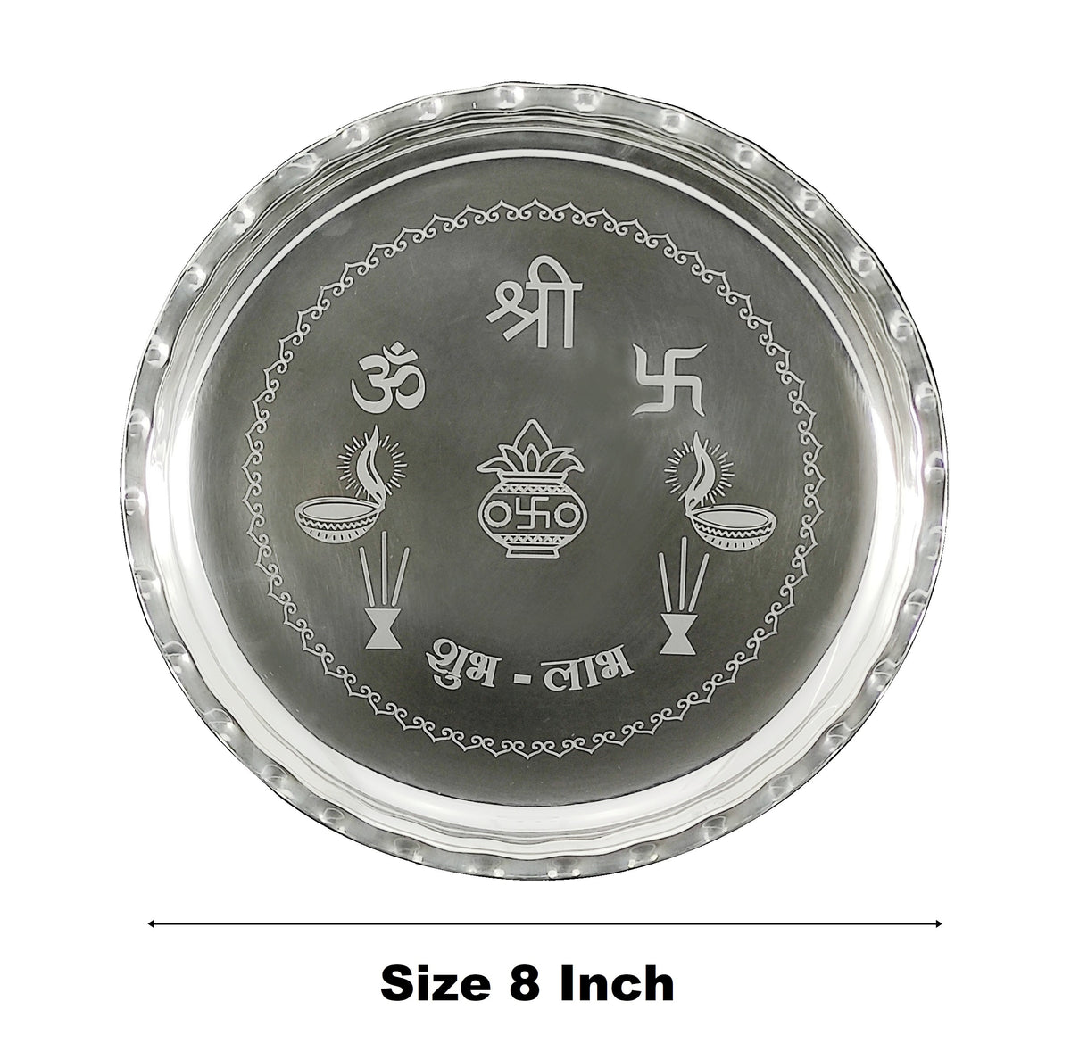 Silver Plated Pooja thali Set 8 Inch with Plate Ghanti Bowl Spoon Dhup Dan Diya Kumkum Holder Coin Puja Thali for Home Mandir Office Wedding Return Diwali Gift Items