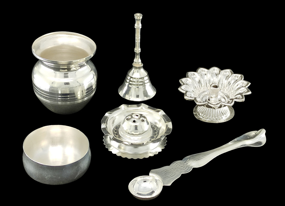 Silver Plated Pooja thali Set 7 Inch Festival Ethnic Puja Thali Items for Diwali Daily Home Mandir Office Wedding Return Gift