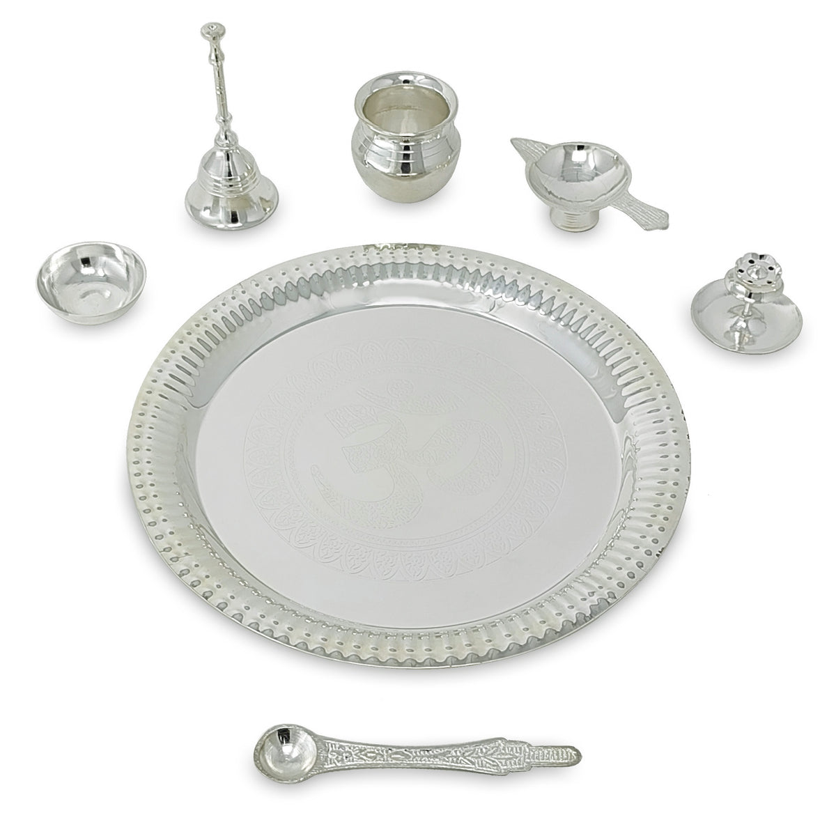 BENGALEN Pooja Thali Set Silver Plated with Gift Box 22 cm Designed Puja Plate Kalash Bowl Ghanti Spoon Dhup Dan Diya for Home Office Diwali Wedding Return Gift Items