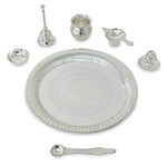 BENGALEN Pooja Thali Set Silver Plated with Grey Gift Box Om Designed 22 cm Puja Plate Kalash Bowl Ghanti Spoon Dhup Dan Diya for Home Office Diwali Wedding Return Gift Items