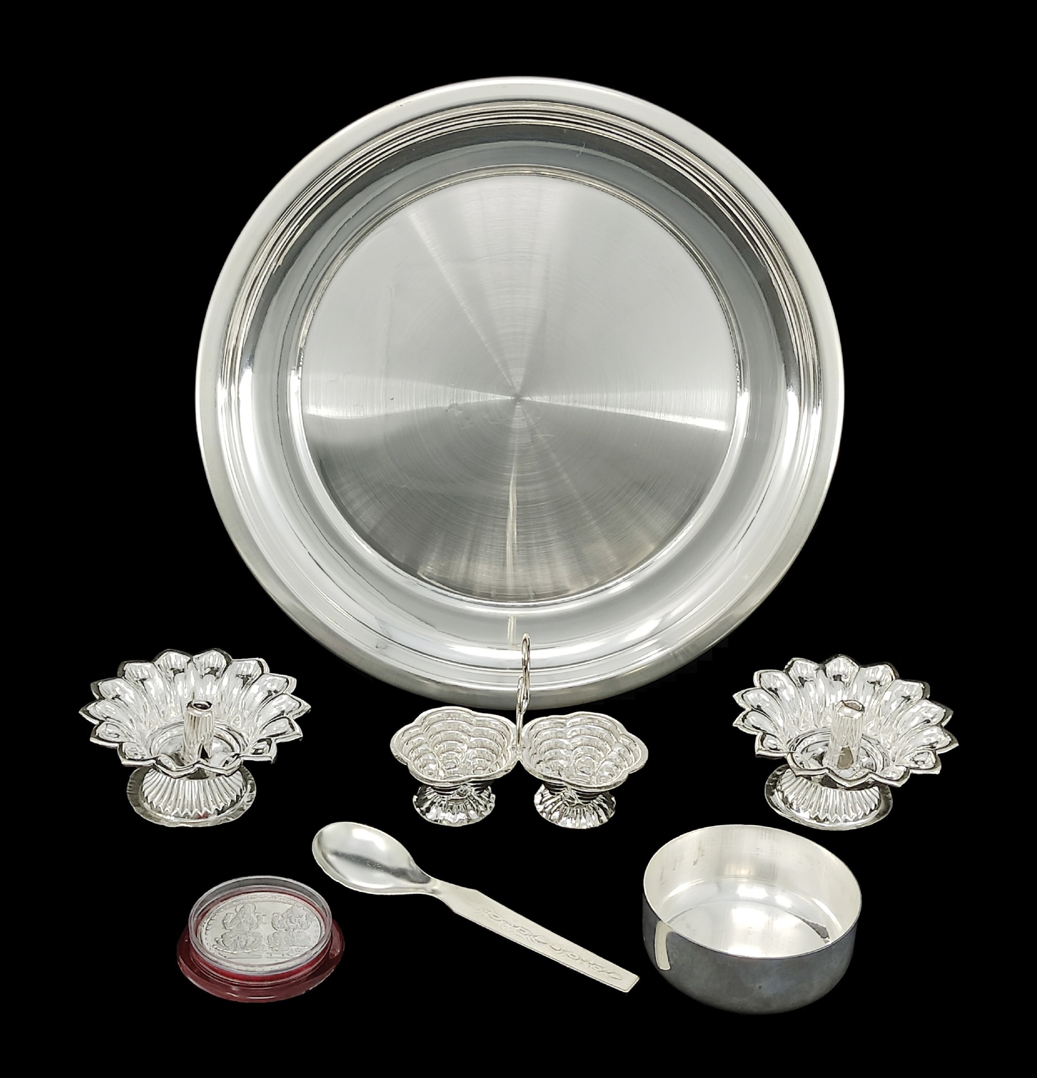 Bengalen Silver Plated Pooja Thali Set 07 Inch with Coin and Accessories Daily Puja Decorative Items for Home Mandir Office Wedding Return Gift