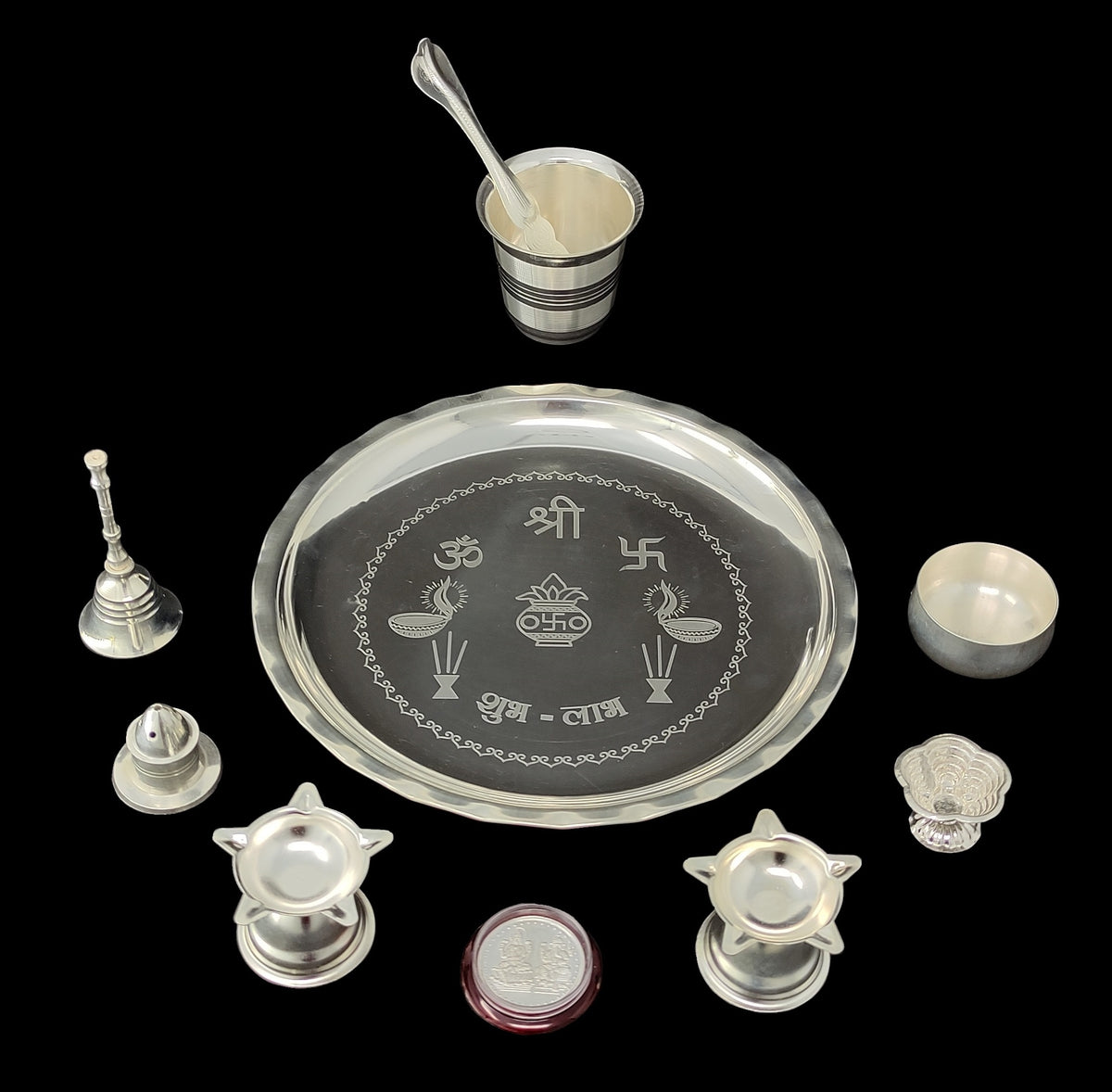 Silver Plated Pooja thali Set 8 Inch Plate Coin Glass Bowl Spoon Ghanti Diya Agarbatti Stand Puja Thali Decorative for Diwali Daily Home Mandir Office Wedding Return Gift Items