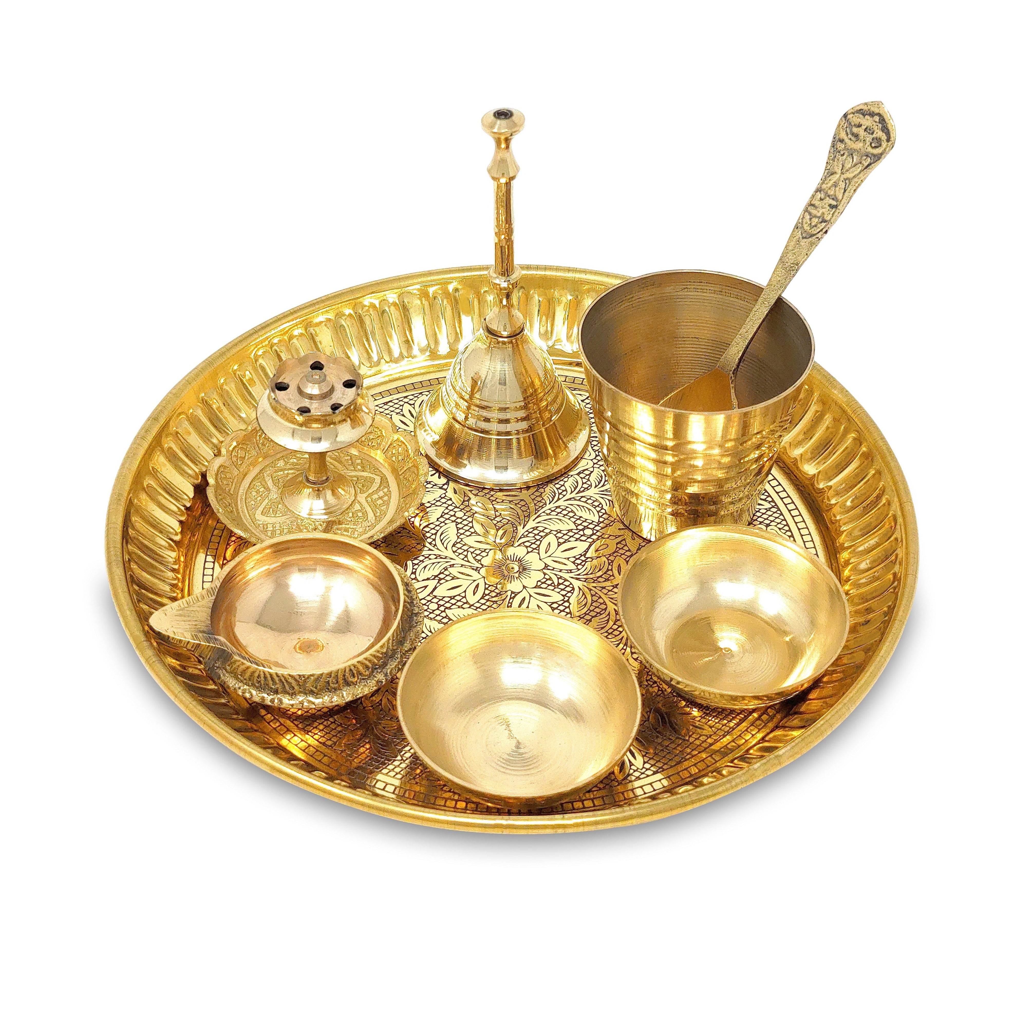 BENGALEN Brass Pooja Thali Set 6 Inch Puja Thali with Pital Plate Glass Chandan Wati Dhup Dan Kuber Deep Ghanti Spoon Arti Thali for Diwali Home Office Mandir Wedding Return Gift Items