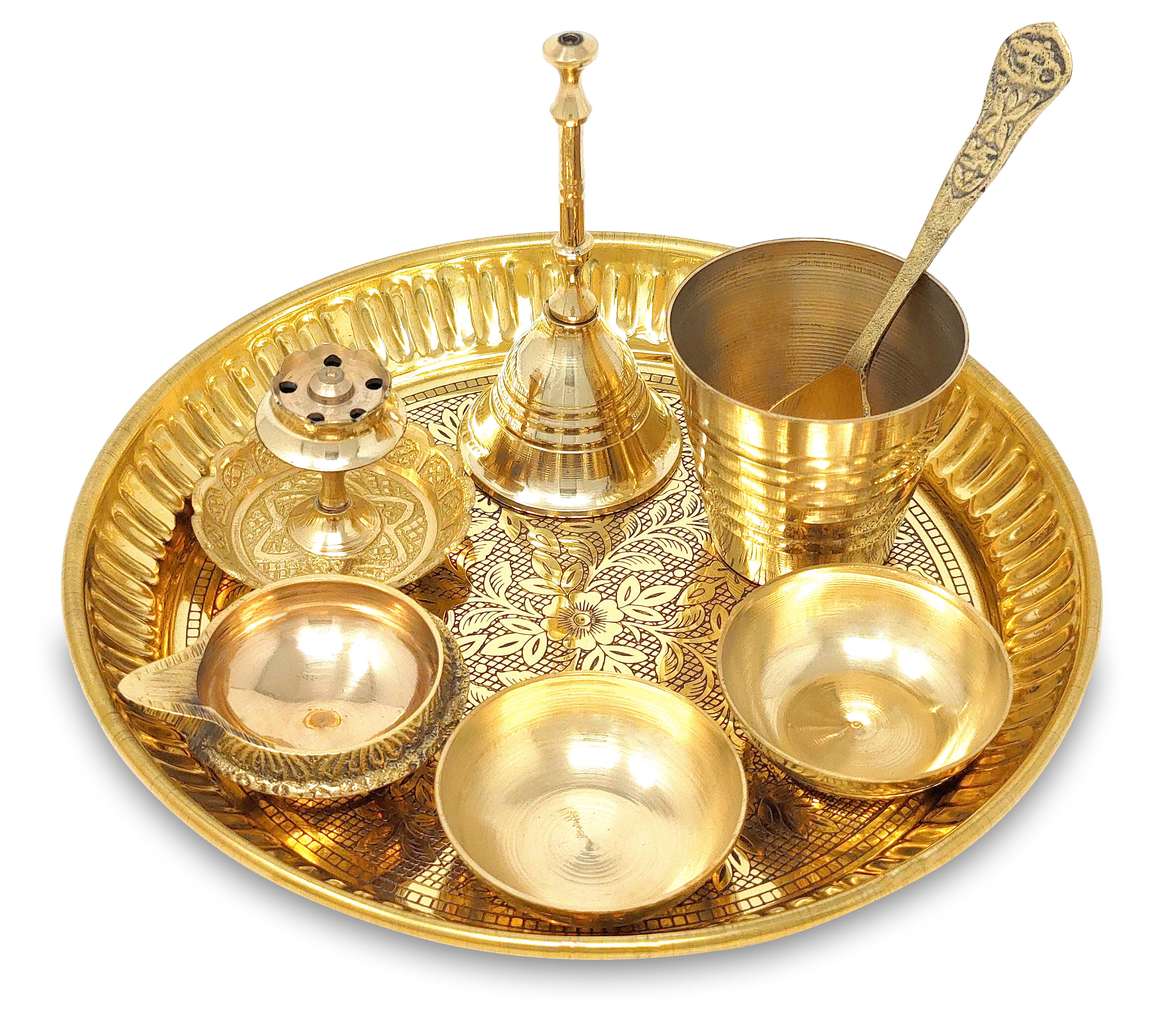 BENGALEN Brass Pooja Thali Set 6 Inch Puja Thali with Pital Plate Glass Chandan Wati Dhup Dan Kuber Deep Ghanti Spoon Arti Thali for Diwali Home Office Mandir Wedding Return Gift Items