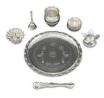 Silver Plated Pooja thali Set 8 Inch with Plate Ghanti Bowl Spoon Dhup Dan Diya Kumkum Holder Coin Puja Thali for Home Mandir Office Wedding Return Diwali Gift Items