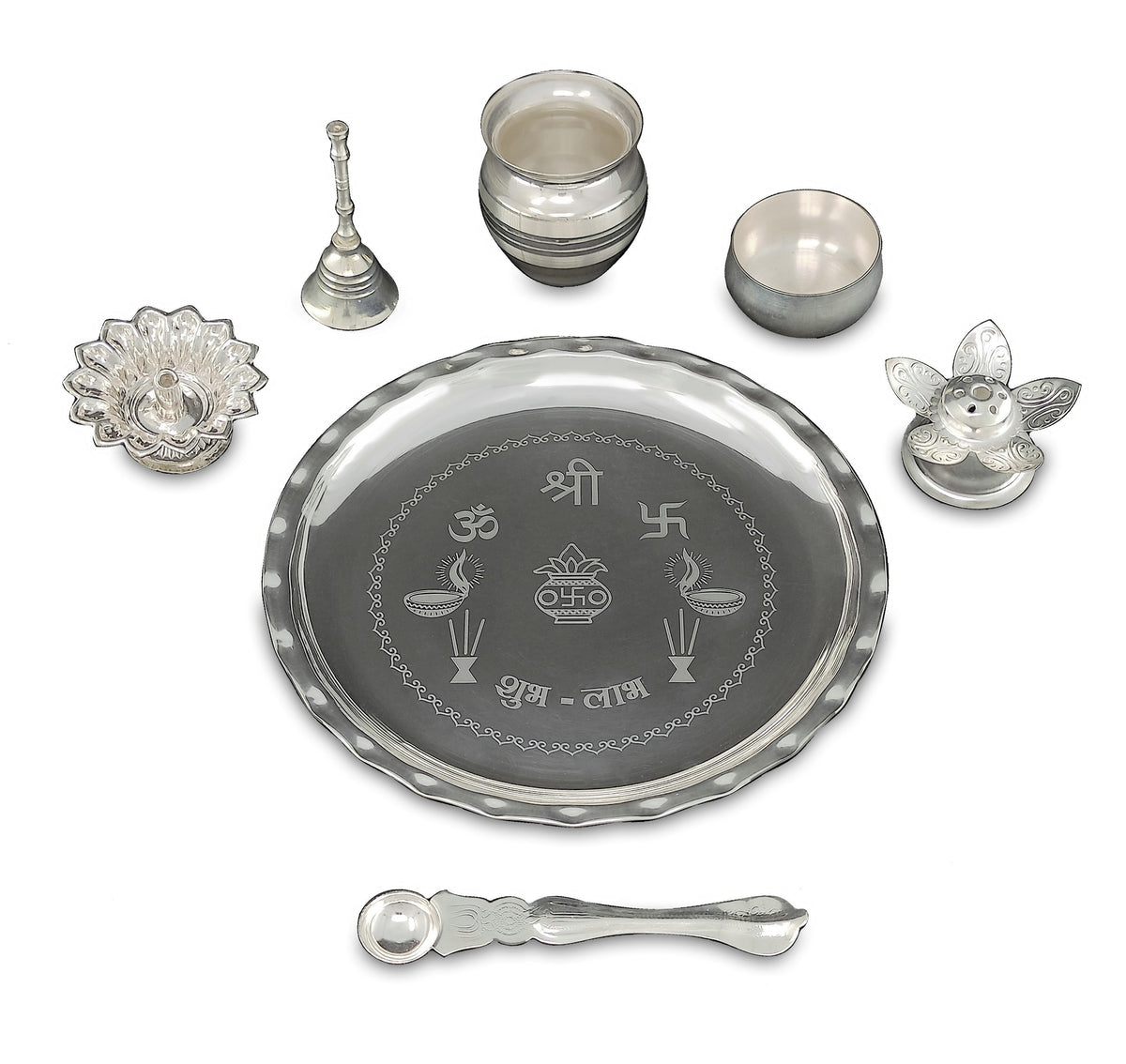 Silver Plated Pooja thali Set 8 Inch with Plate Ghanti Bowl Spoon Dhup Dan Diya Kumkum Holder Coin Puja Thali for Home Mandir Office Wedding Return Diwali Gift Items