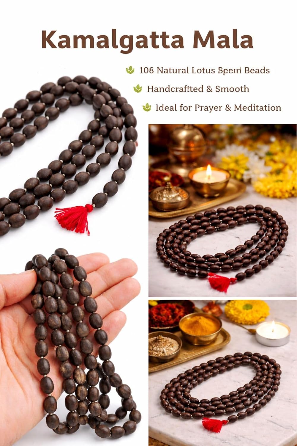 Kamal Gatta Mala for Lakshmi Puja Meditation & Jaap Natural Handmade Prayer Maala with Red Tassel Spiritual Wealth & Prosperity