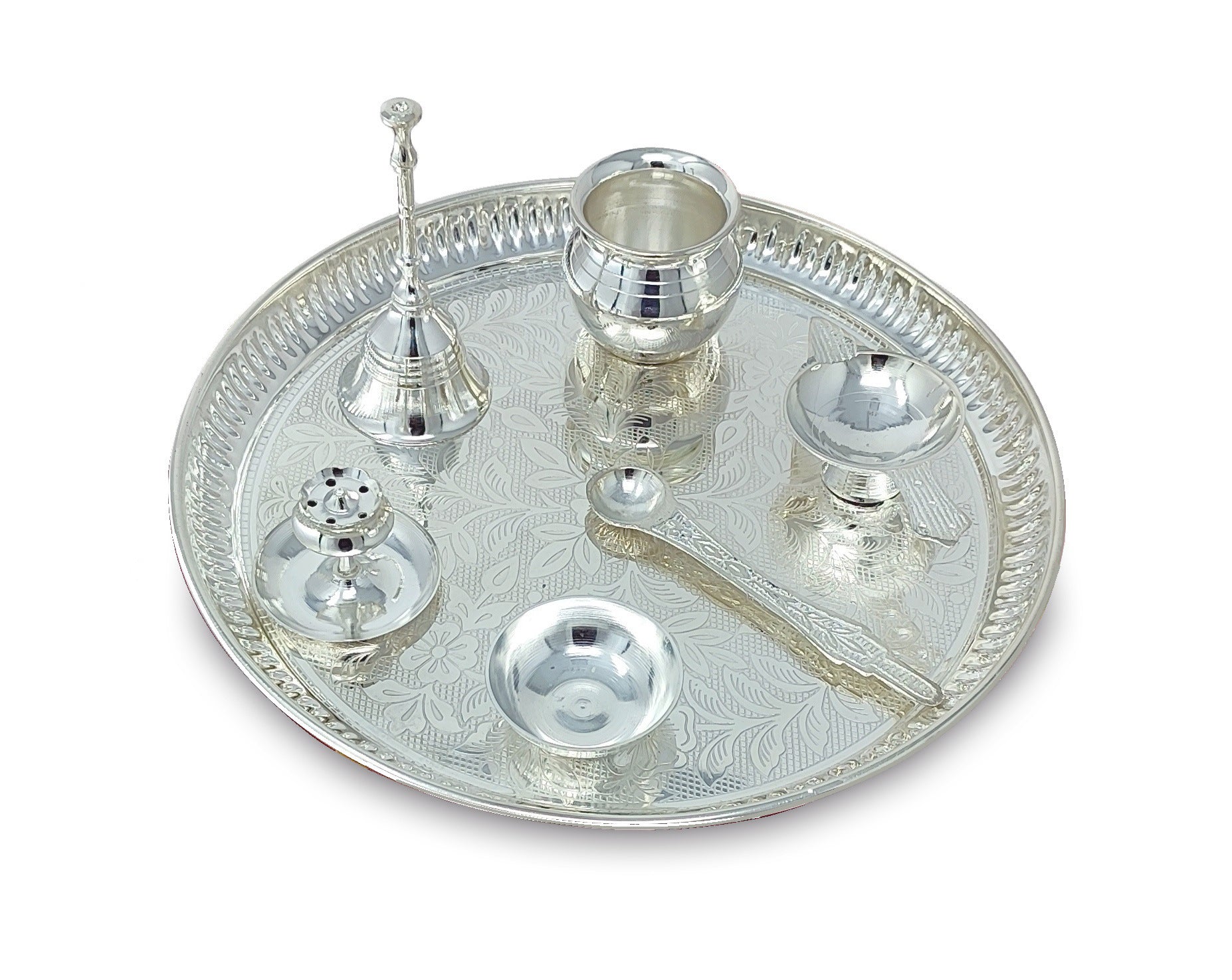 BENGALEN Pooja Thali Set Silver Plated with Gray Gift Box Designed 8 Inch Puja Plate Kalash Bowl Ghanti Spoon Dhup Dan Diya for Home Office Diwali Wedding Return Gift Items