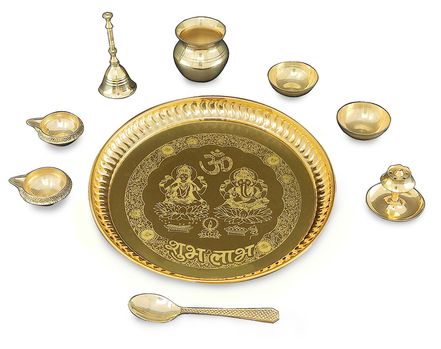 Bengalen Brass Pooja thali 8 Inch with Accessories Ganesh Lakshmi Design Puja Set Wedding Return Gift Items