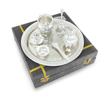 BENGALEN Pooja Thali Set Silver Plated with Gift Box Designed Puja Plate 22 CM Kalash Bowl Ghanti Spoon Dhup Dan Diya for Home Office Diwali Wedding Return Gift Items