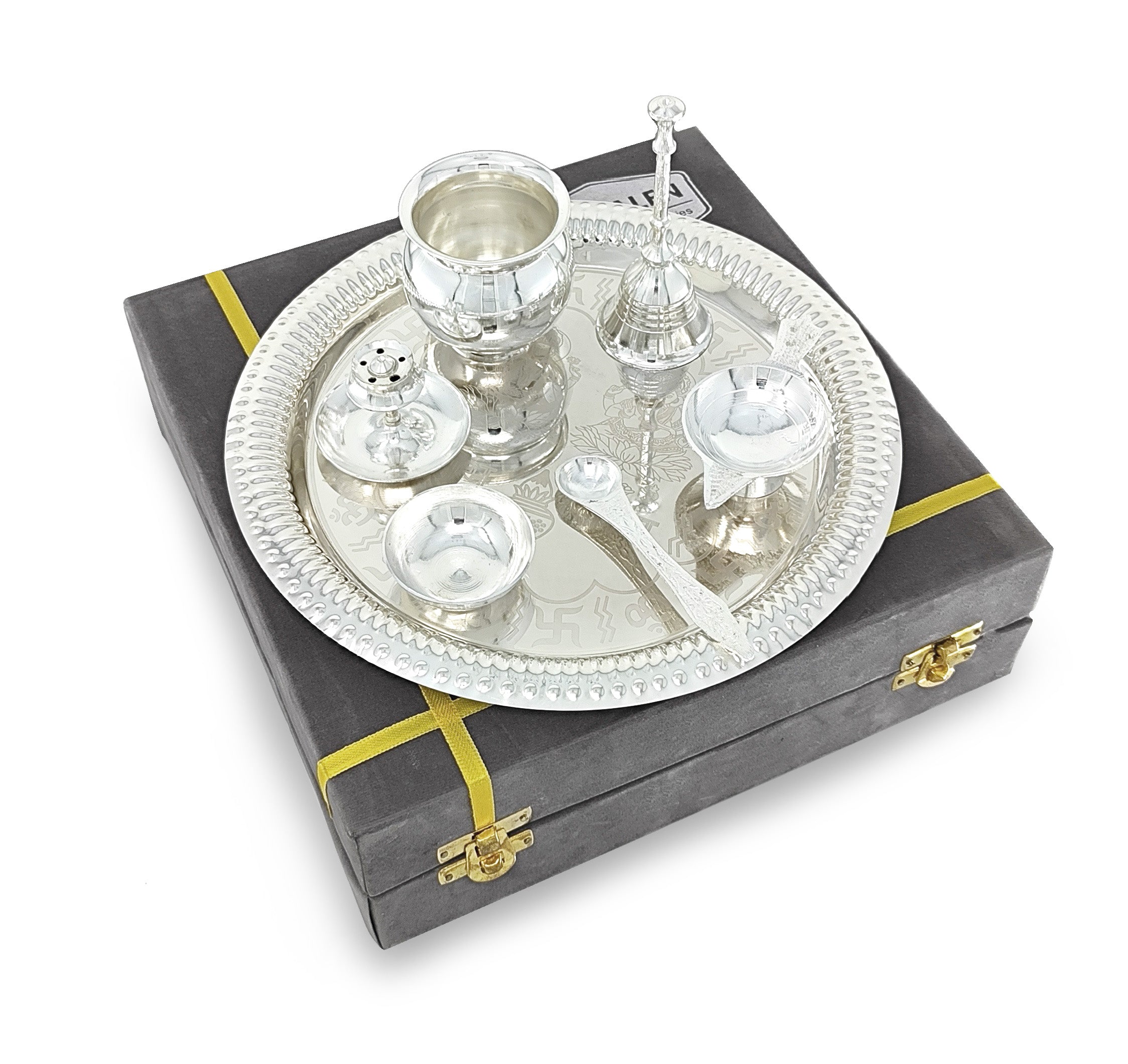 BENGALEN Pooja Thali Set Silver Plated with Gift Box Designed Puja Plate 22 CM Kalash Bowl Ghanti Spoon Dhup Dan Diya for Home Office Diwali Wedding Return Gift Items