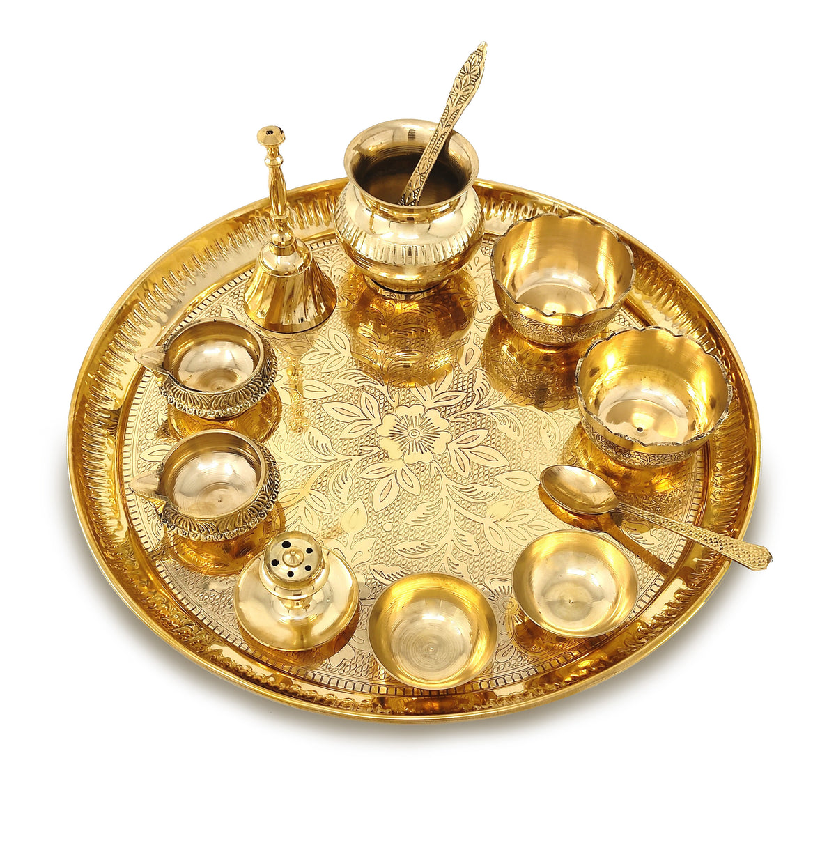 Bengalen Brass Pooja Thali Set 12 Inch with Pital Plate Kalash Bowl Spoon Palli Ghanti Kuber Diya Chandan Wati Dhup Dan Puja Thali for Diwali Home Office Mandir Wedding Return Gift Items