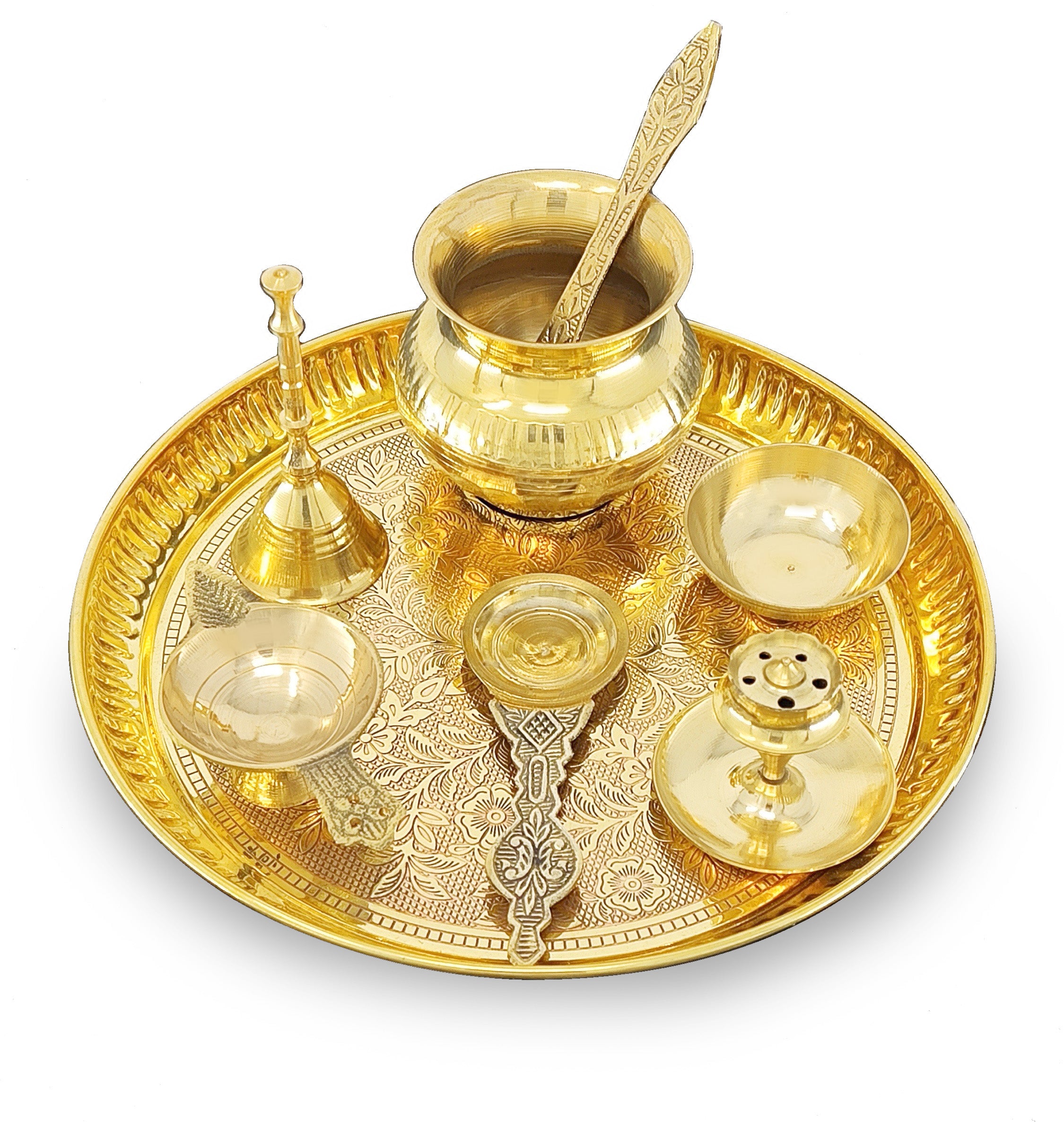 BENGALEN Brass Pooja Thali Set 8 Inch Puja Thali with Pital Plate Kalash Palli Chandan Wati Agarbatti Stand Kappur Arti Diya for Diwali Home Office Mandir Wedding Return Gift Items