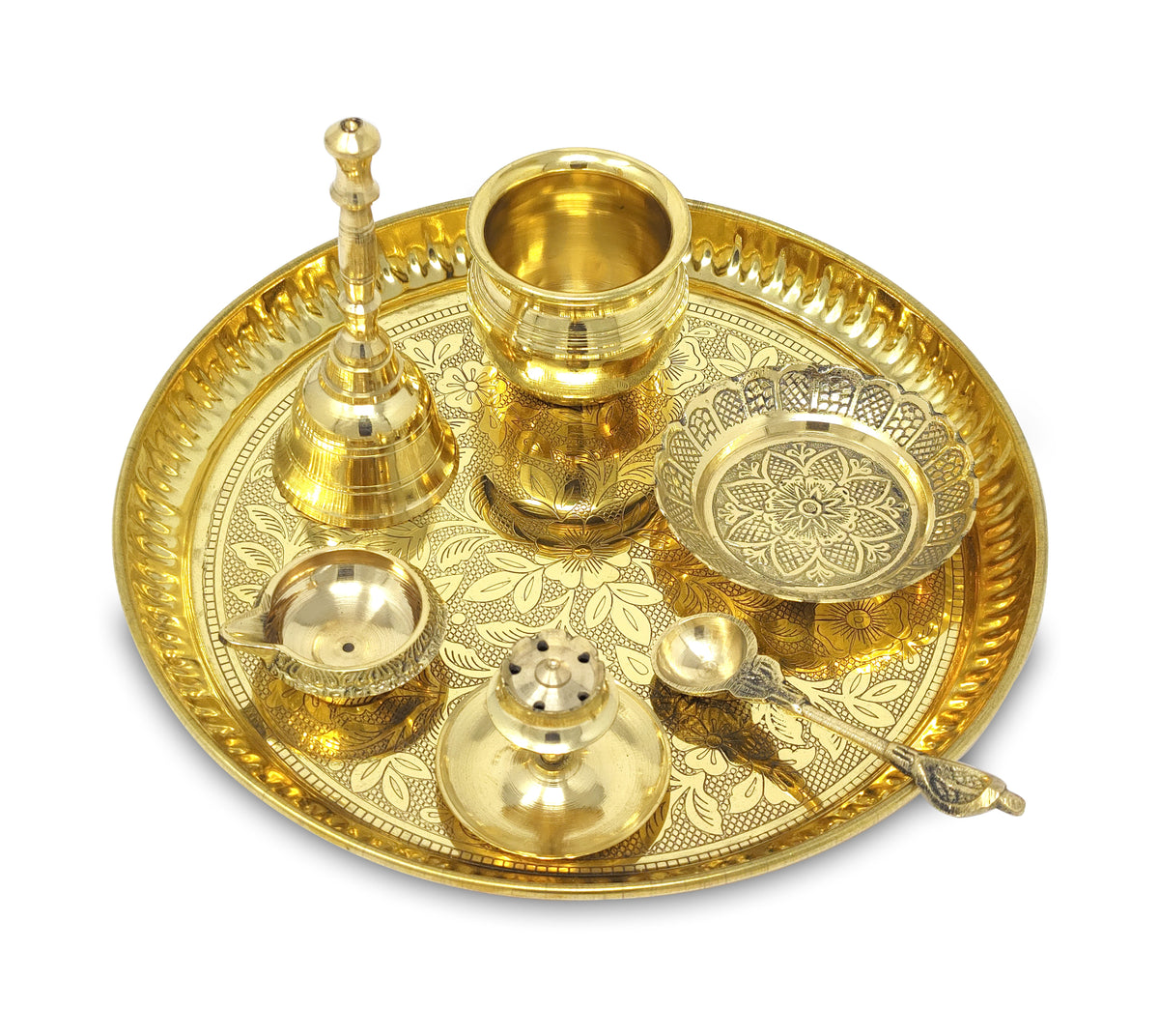 BENGALEN Brass Pooja Thali Set with Grey Gift Box 8 Inch
