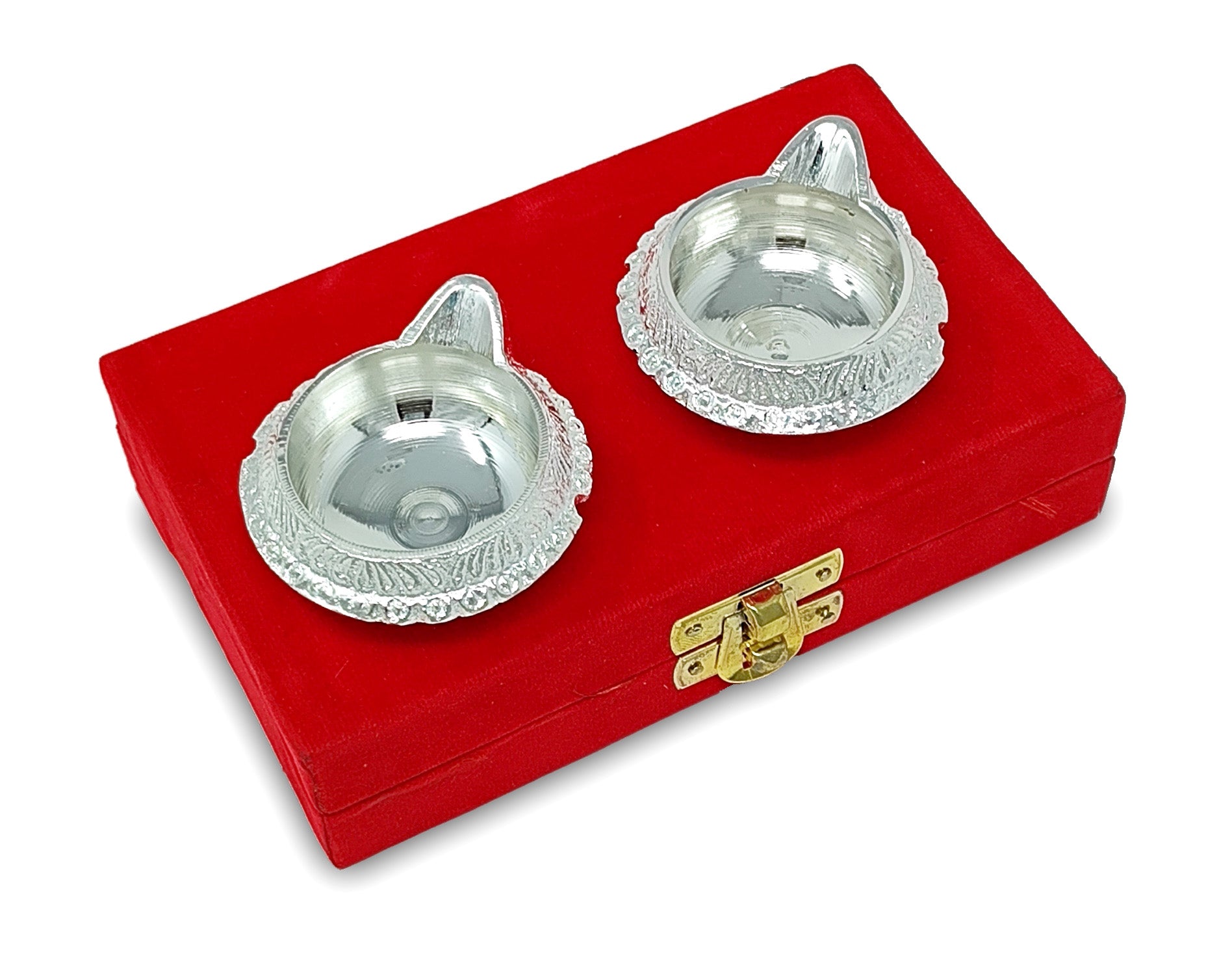 BENGALEN Silver Plated Diya with Red Velvet Gift Box Kuber Dia Pooja Items Diwali Decoration Puja Gifts Handmade Oil Lamp Traditional Indian Deepawali Gift Items
